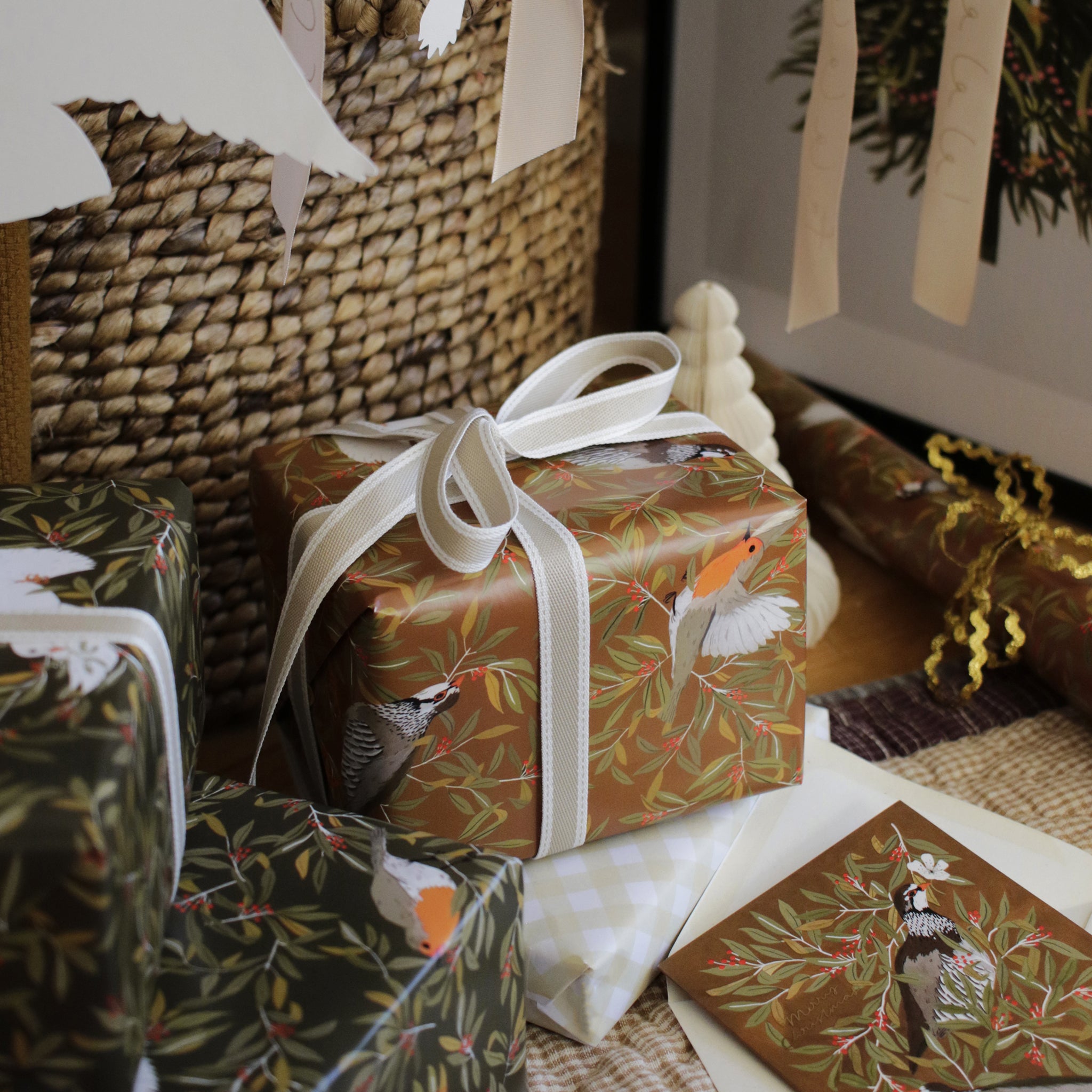 christmas bird pattern wrapping paper sheets, made in the UK