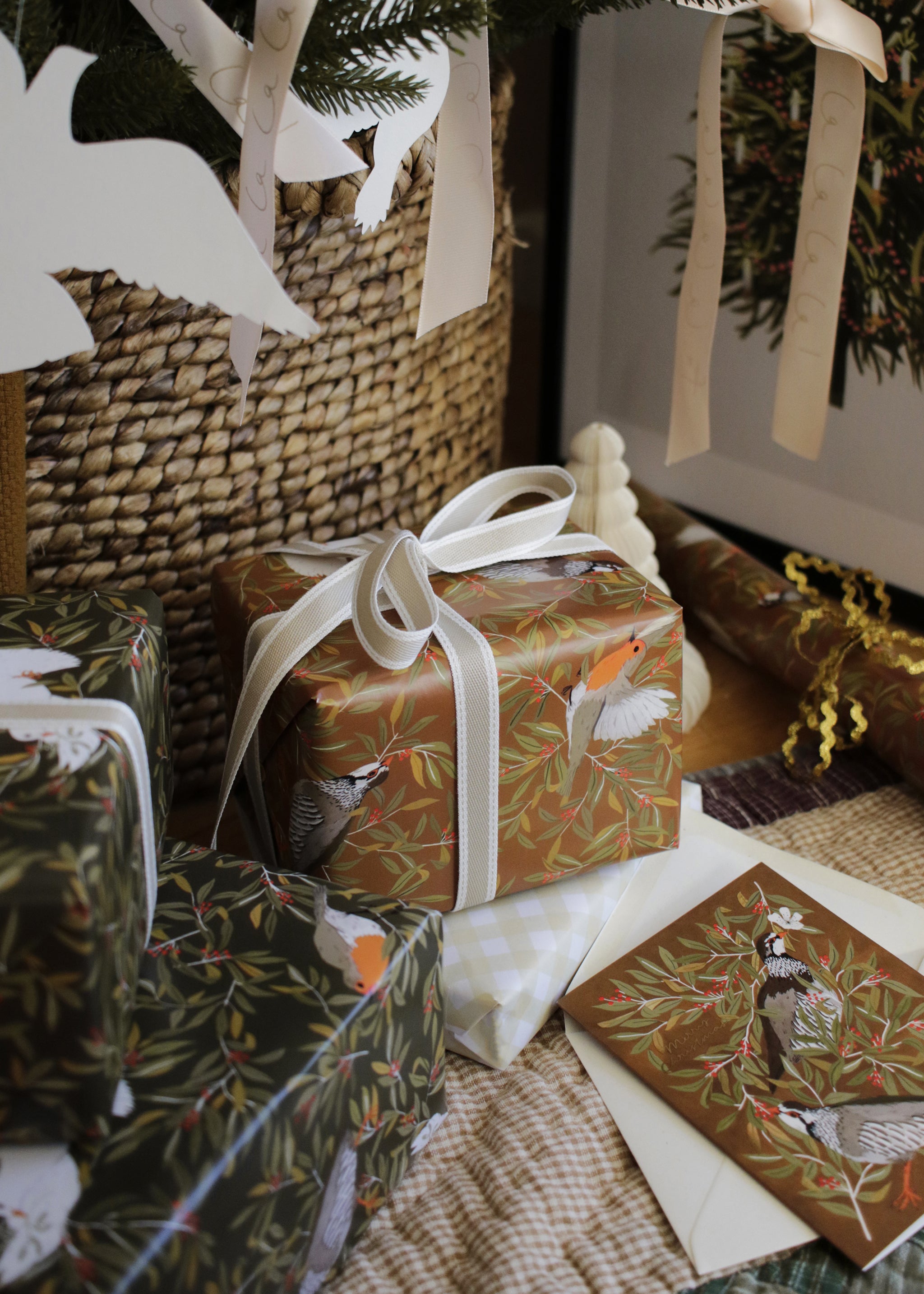 christmas bird pattern wrapping paper sheets, made in the UK
