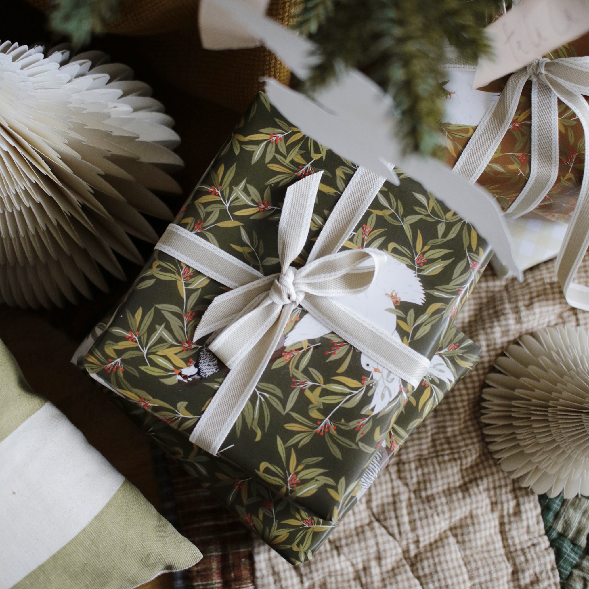 christmas bird wrapping paper - dove, robin and partridge pattern