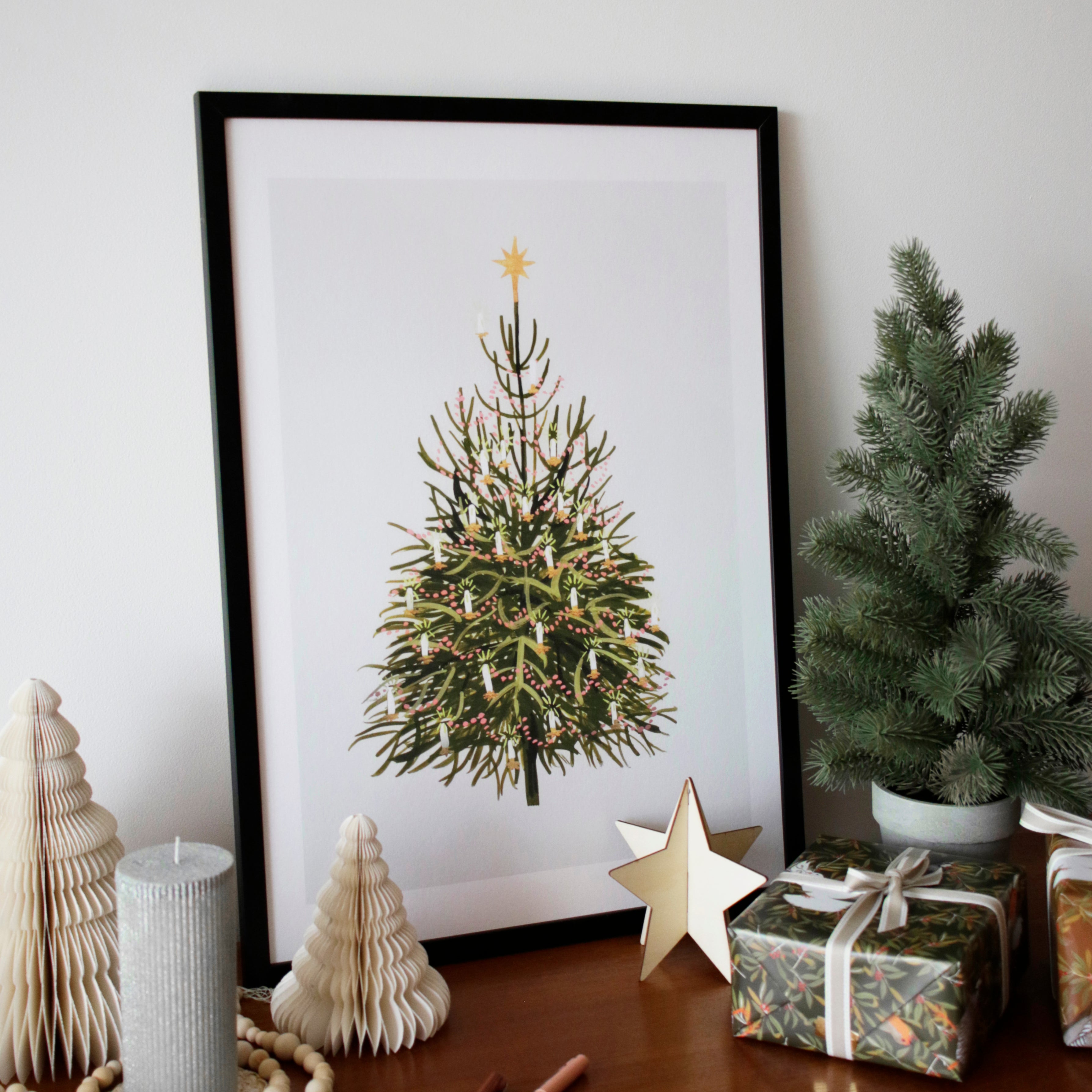 Illustrated Christmas Wall art Print of a vintage-style Christmas tree, Made in the UK.
