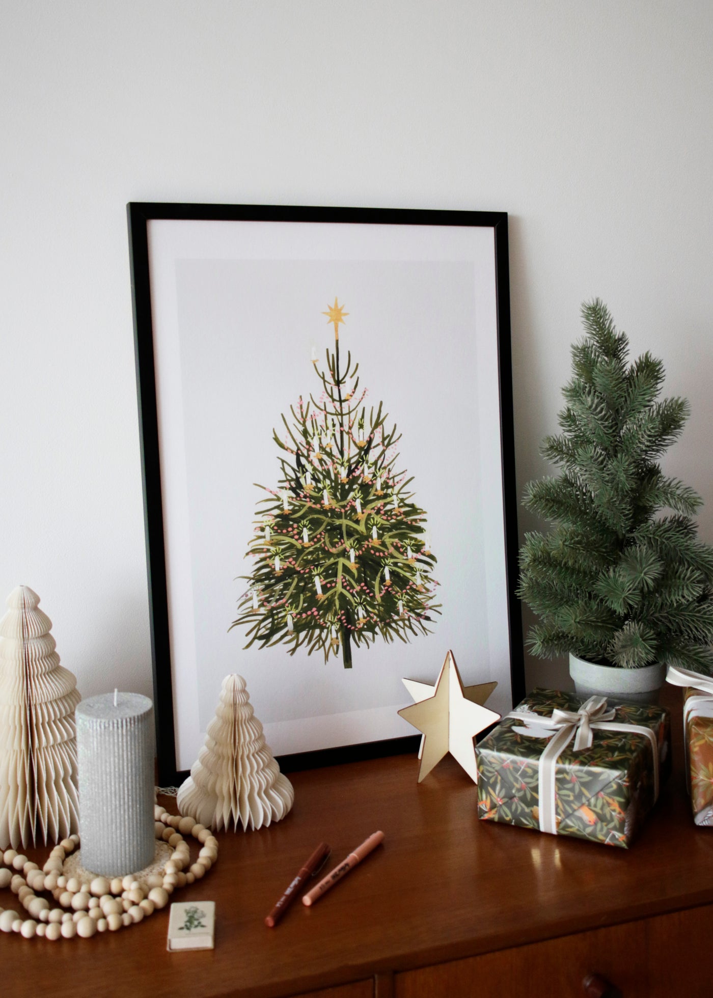 Illustrated Christmas Wall art Print of a vintage-style Christmas tree, Made in the UK.