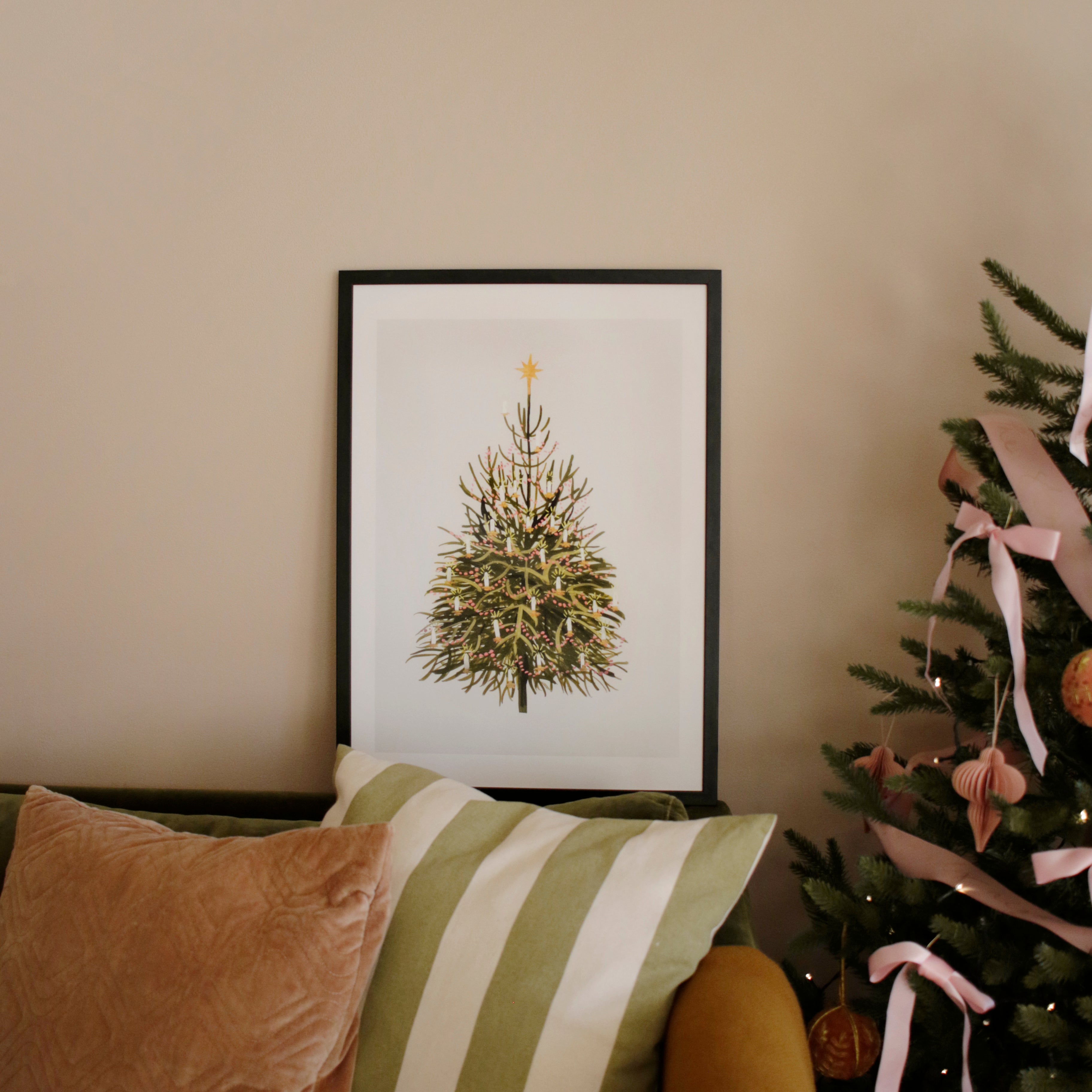 Illustrated Christmas Wall art Print of a vintage-style Christmas tree, Made in the UK.
