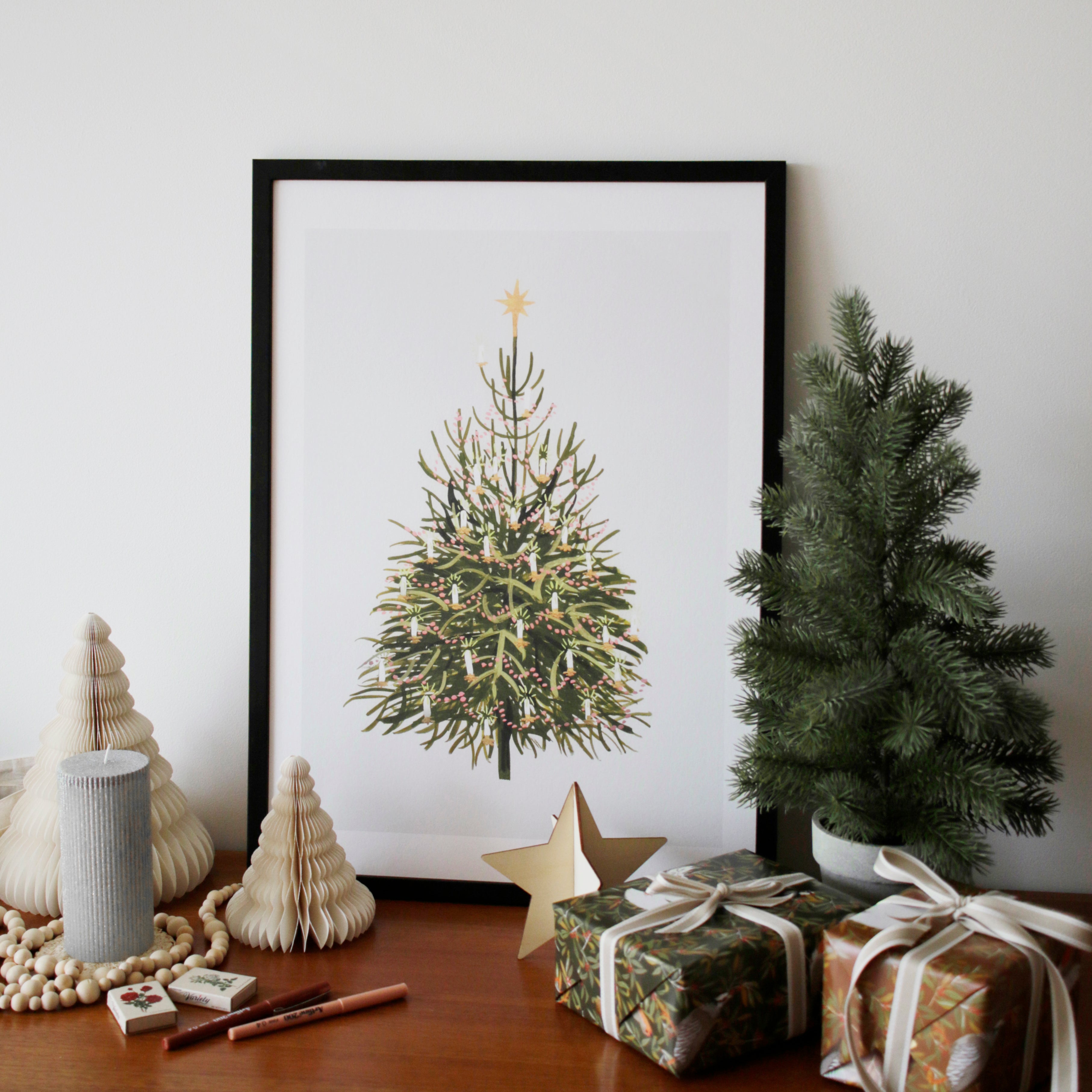 Illustrated Christmas Wall art Print of a vintage-style Christmas tree, Made in the UK.