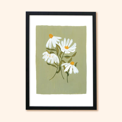 A Botanical Green With White Cone Flowers Floral Print In A Black Frame - Annie Dornan Smith