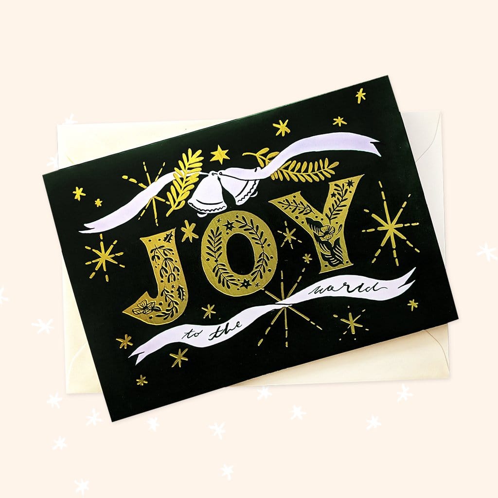 Black Christmas A6 Card With Gold Joy Lettering And Stars With Cream Envelope  - Annie Dornan Smith