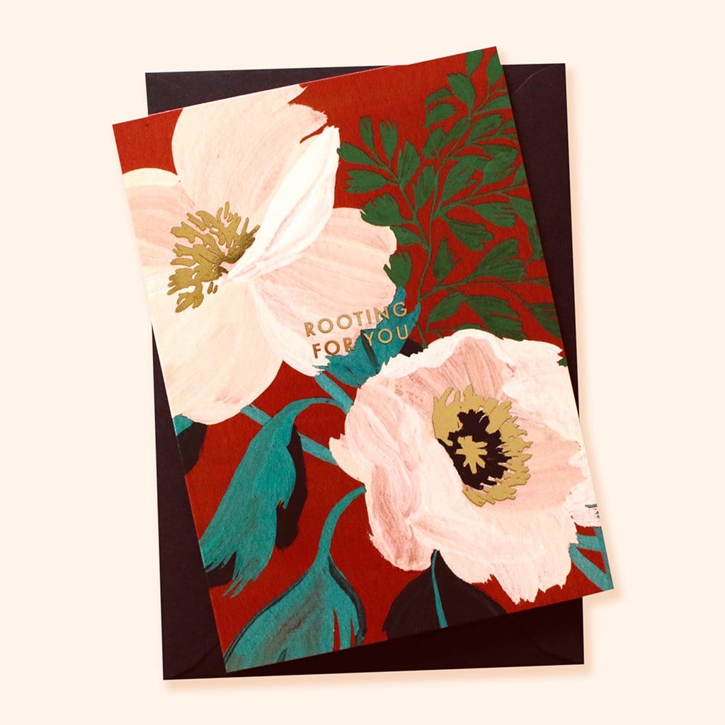 A Floral A6 Card with Pastel Pink Green And Gold Flowers With Rooting For You In Gold Lettering With Black Envelope - Annie Dornan Smith
