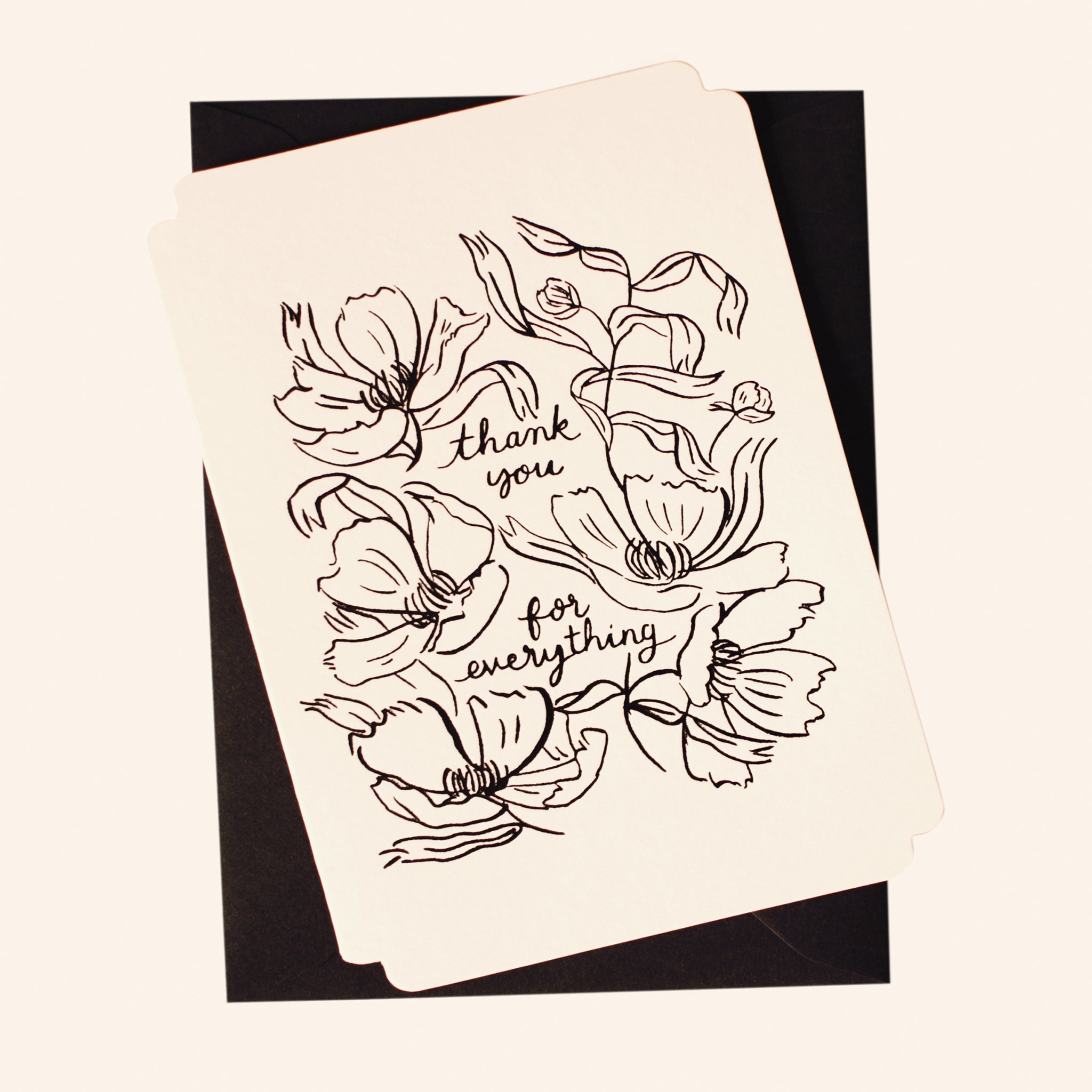 Black Floral Line Art Work A6 White Card With The Words Thank You For Everything Coupled With A Black Envelope - Annie Dornan Smith