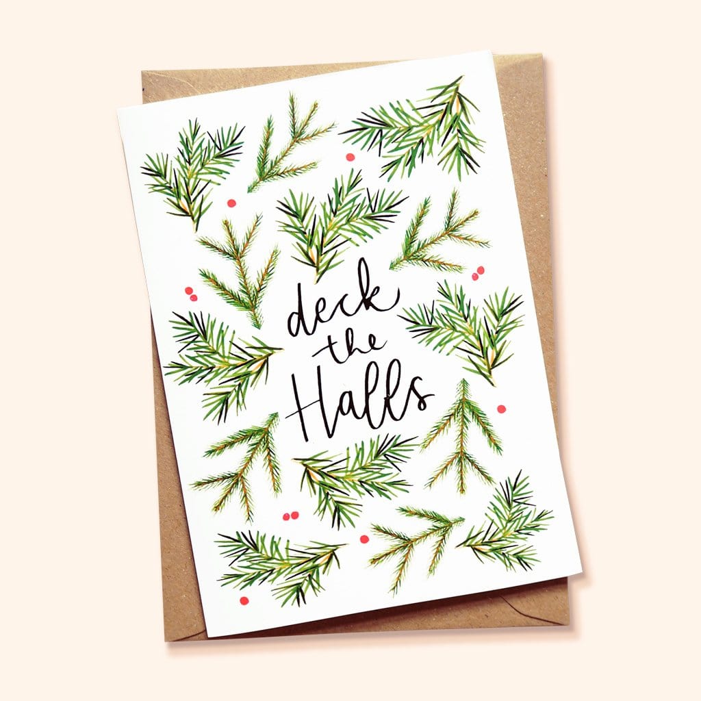 Illustrated Foliage Deck The Halls Christmas Card With Kraft Envelope - Annie Dornan Smith