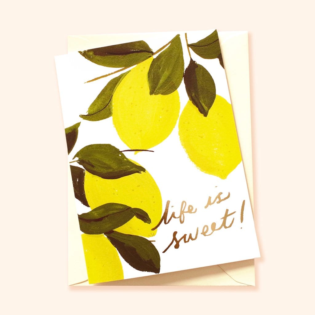Illustrated Lemon and Green Leaf A6 Card With Life Is Sweet In Gold Lettering With Pale Yellow Envelope - Annie Dornan Smith
