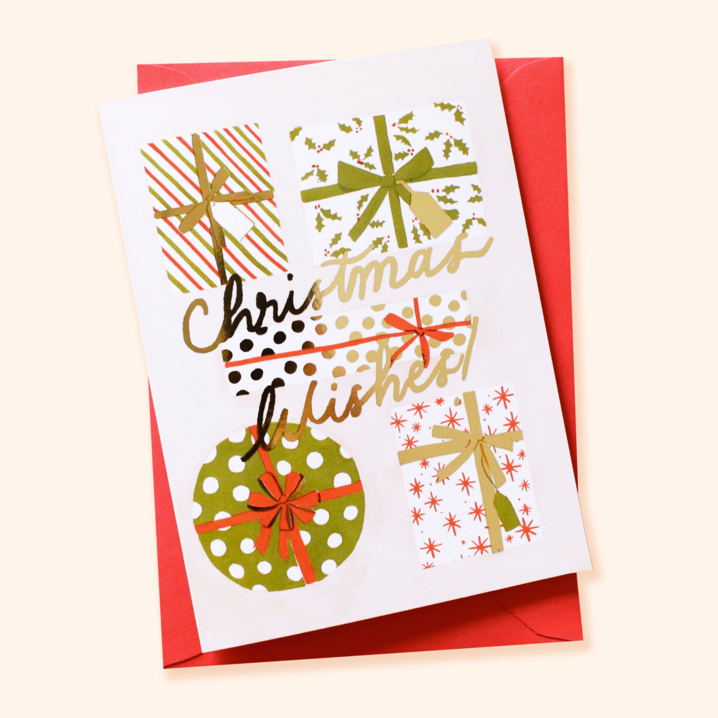 Illustrated Christmas Present A6 Card With Christmas Wishes In Gold Lettering With Red Envelope - Annie Dornan Smith
