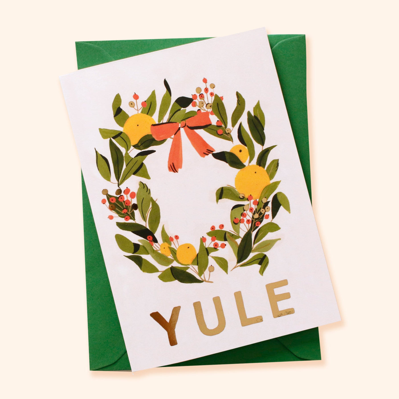 Illustrated Christmas Wreath A6 White Card With Gold Yule Lettering With Green Envelope - Annie Dornan Smith