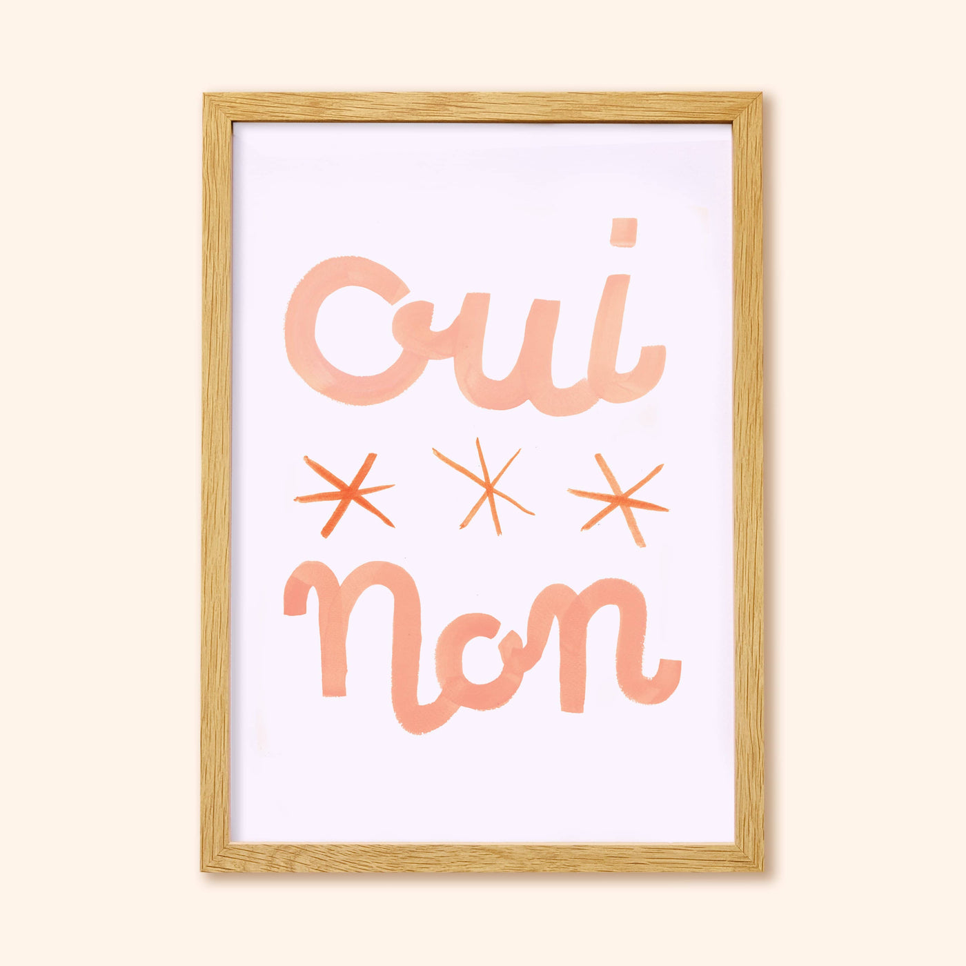 Typographic Print With The Words Oui Non And Three Stars In Peach In An Oak Frame - Annie Dornan Smith