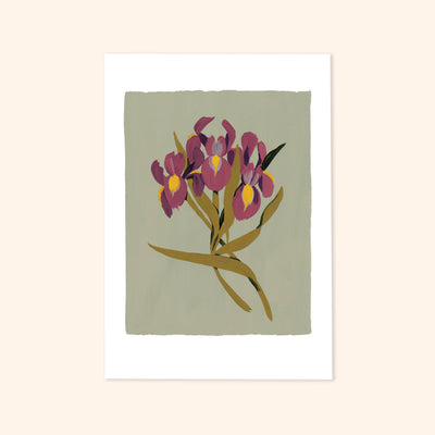 A Botanical Green Floral Print With Purple Iris's - Annie Dornan Smith