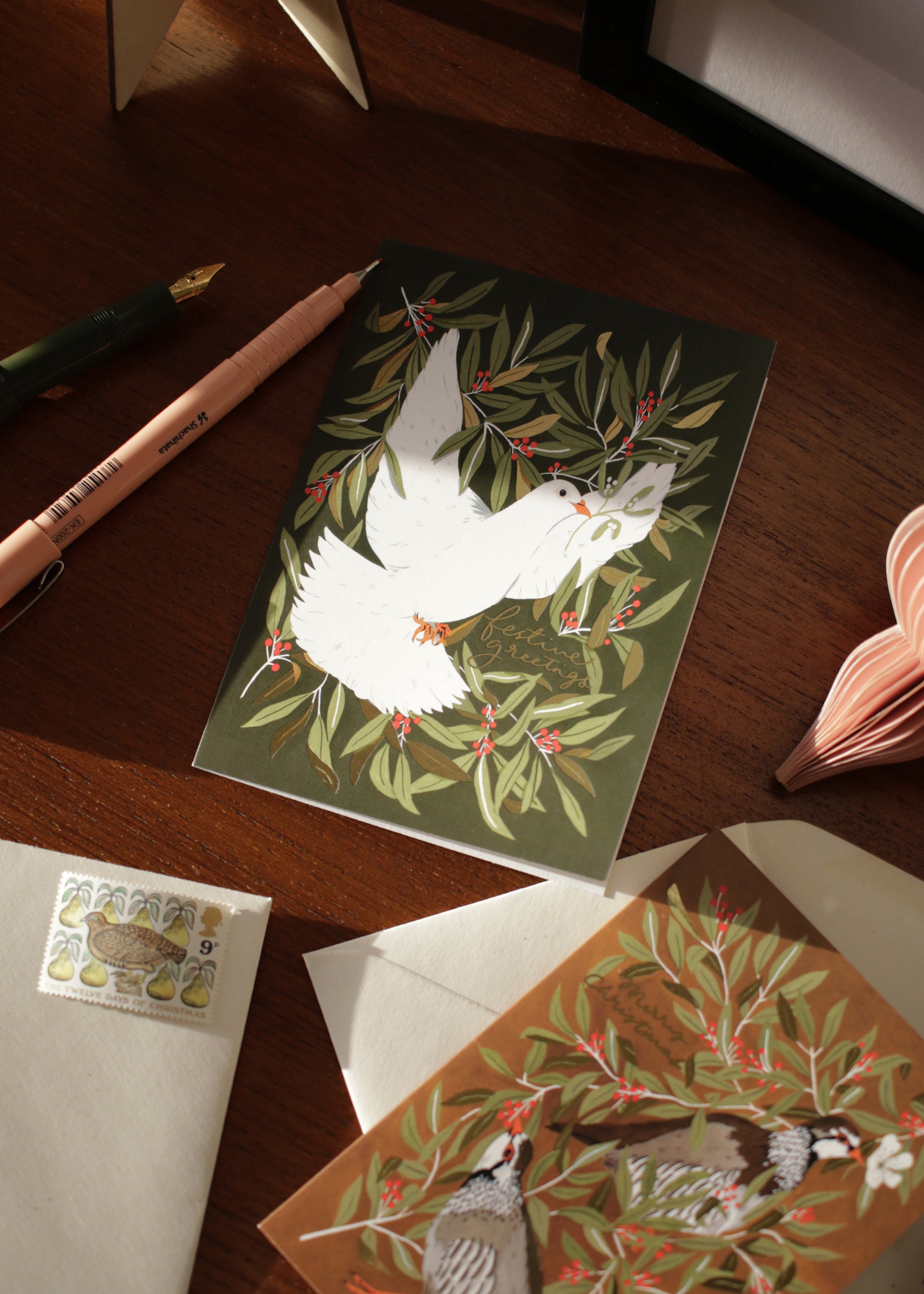 illustrated dove merry christmas card with recycled envelope