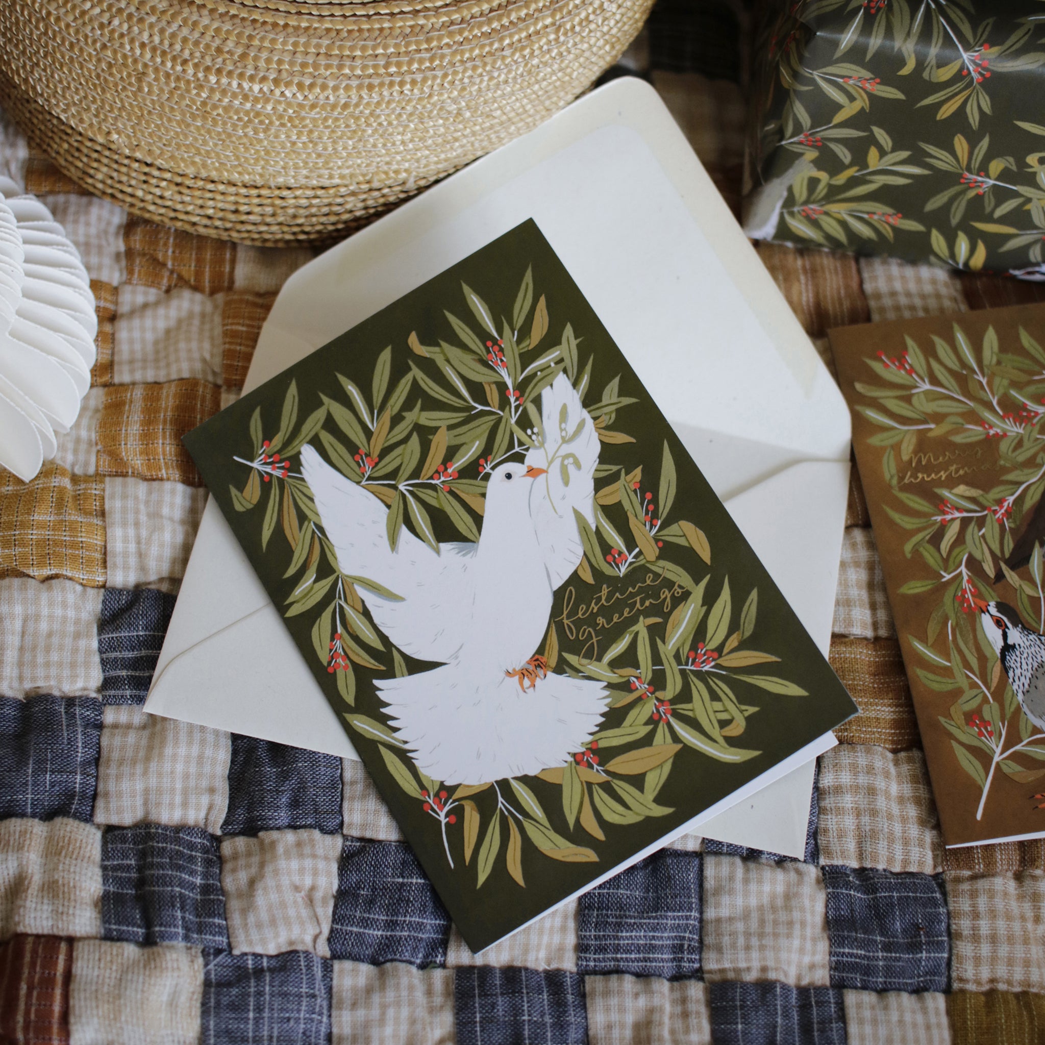 illustrated dove merry christmas card with recycled envelope