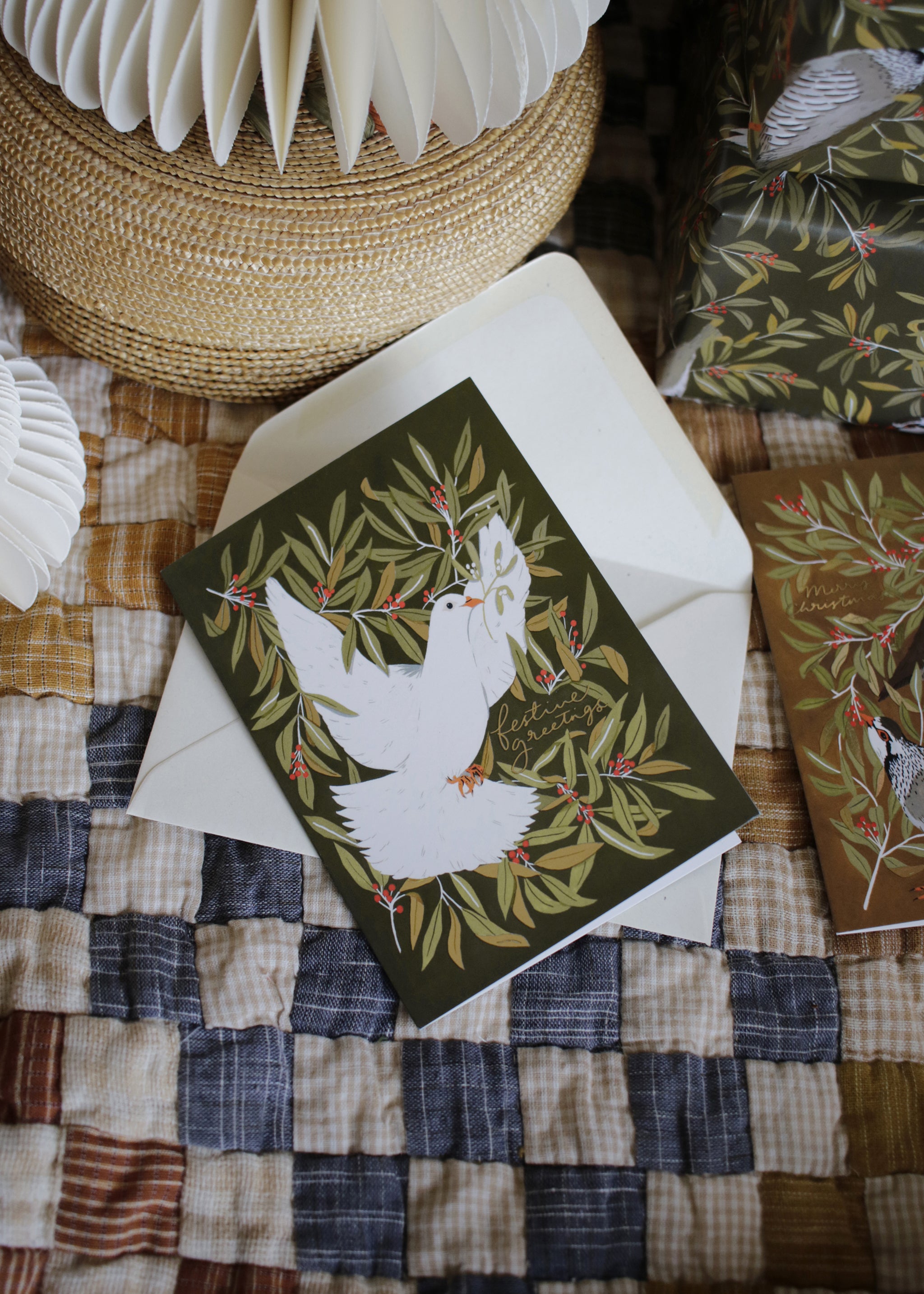illustrated dove merry christmas card with recycled envelope