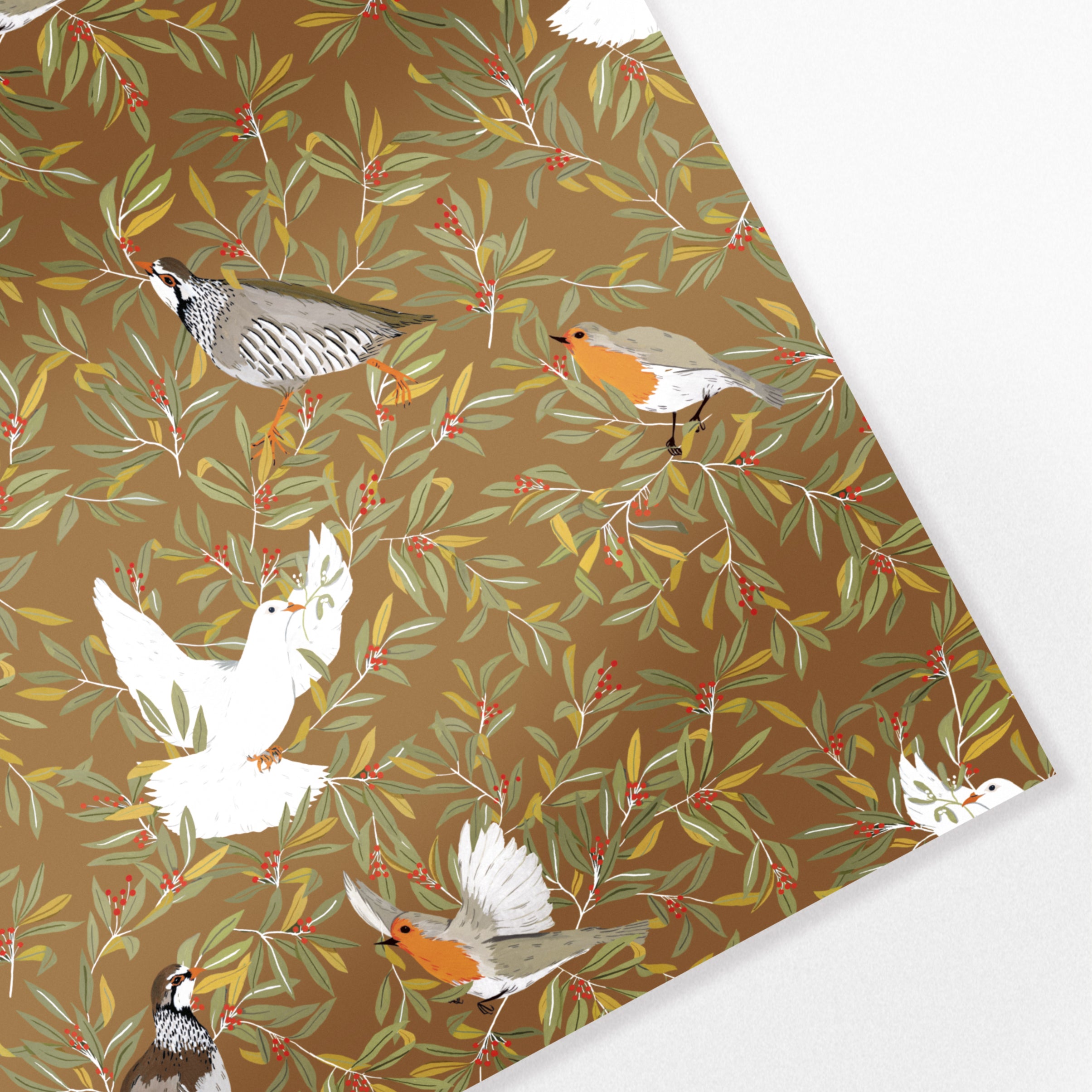 Illustrated bird print christmas wrapping paper sheet