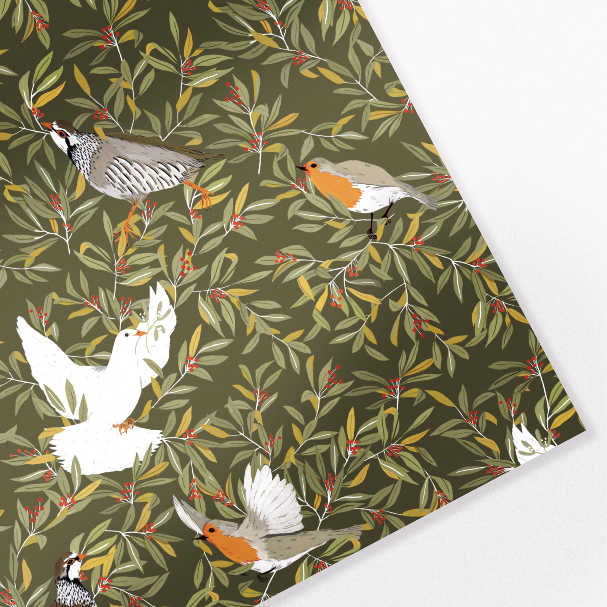 dark green bird patterned sustainable christmas wrapping paper