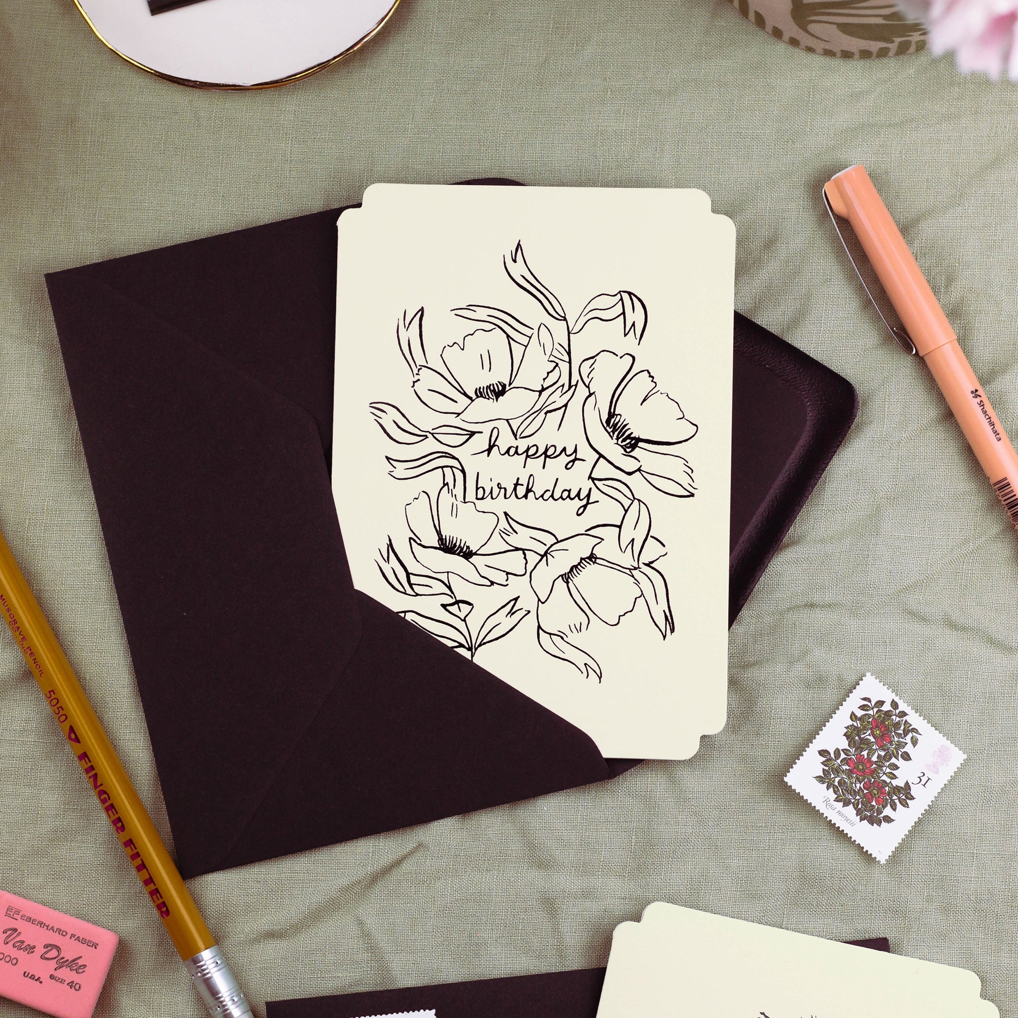 Line art style florals decorate this lovely happy birthday card with black envelope - Annie Dornan Smith