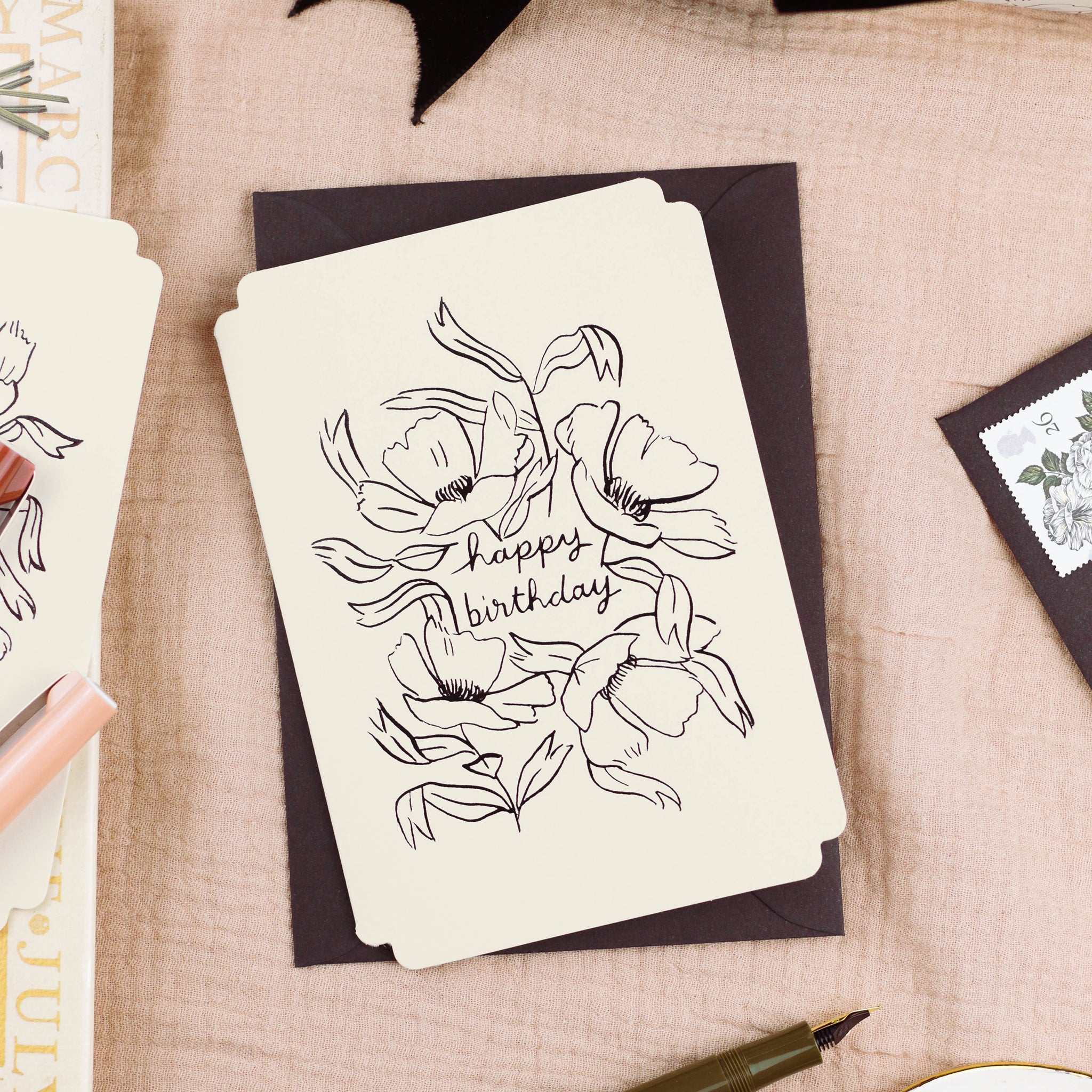 simple floral birthday card with linework-style illustrations embossed in black foil - Annie Dornan Smith