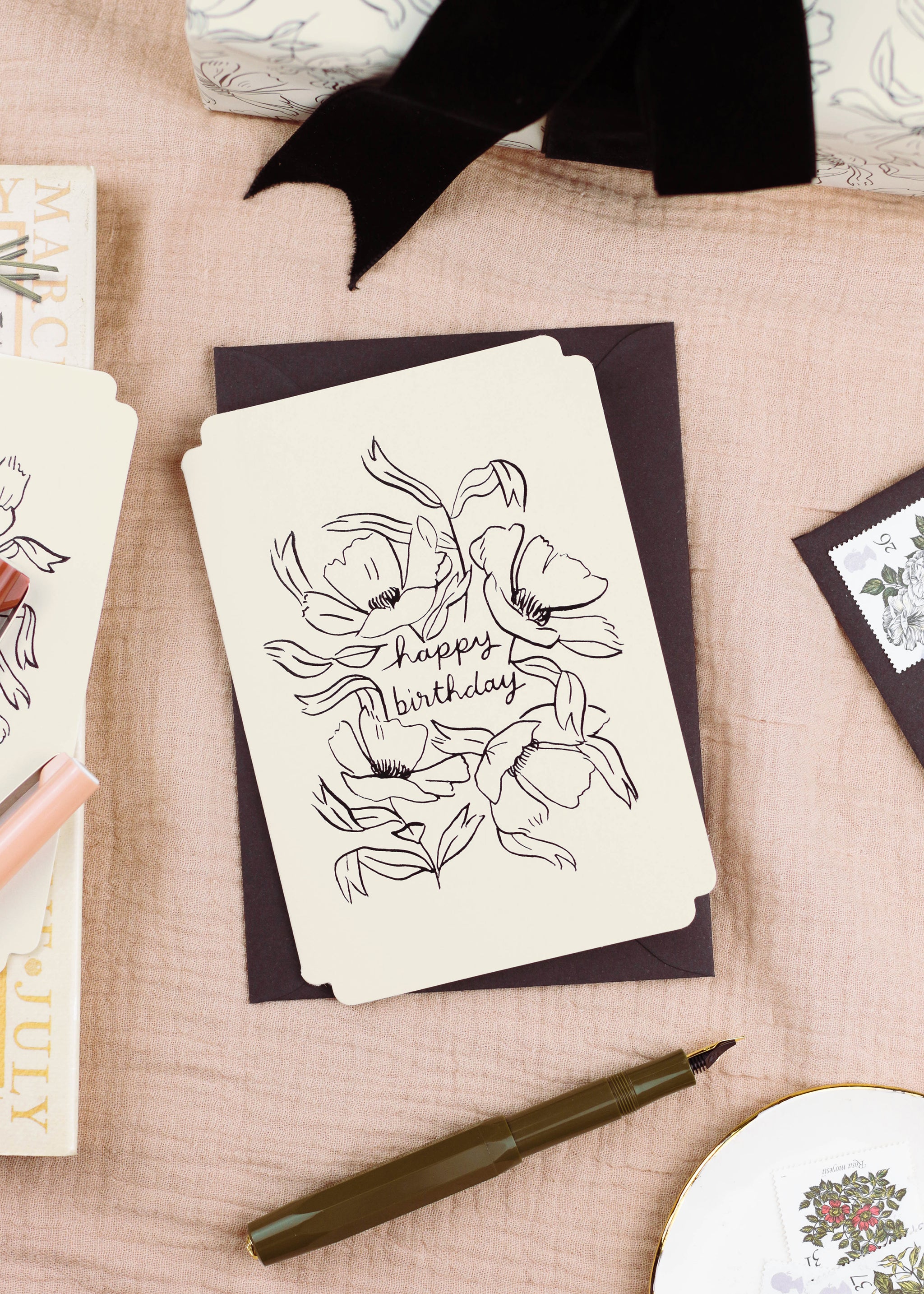 simple floral birthday card with linework-style illustrations embossed in black foil - Annie Dornan Smith