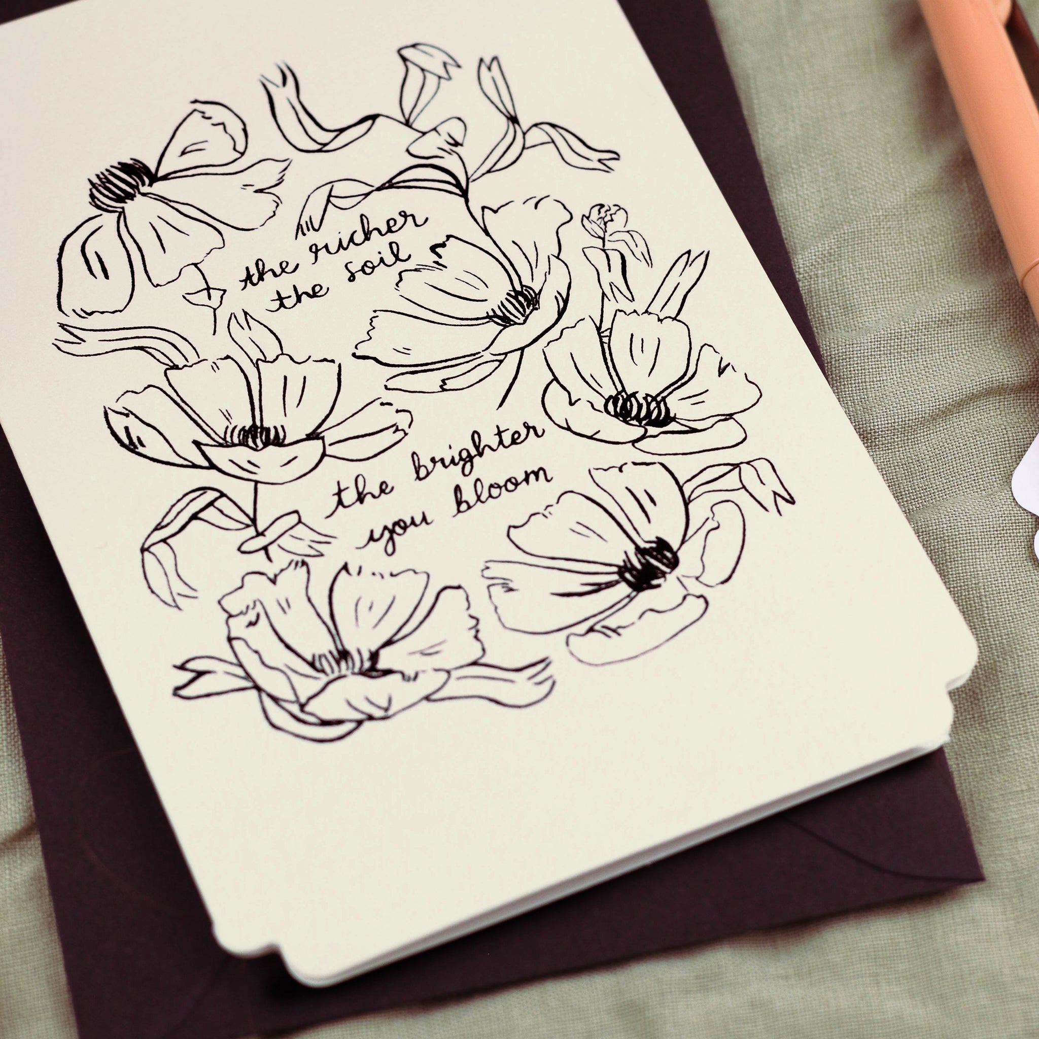 detail of the black foiling on this floral encouragement card