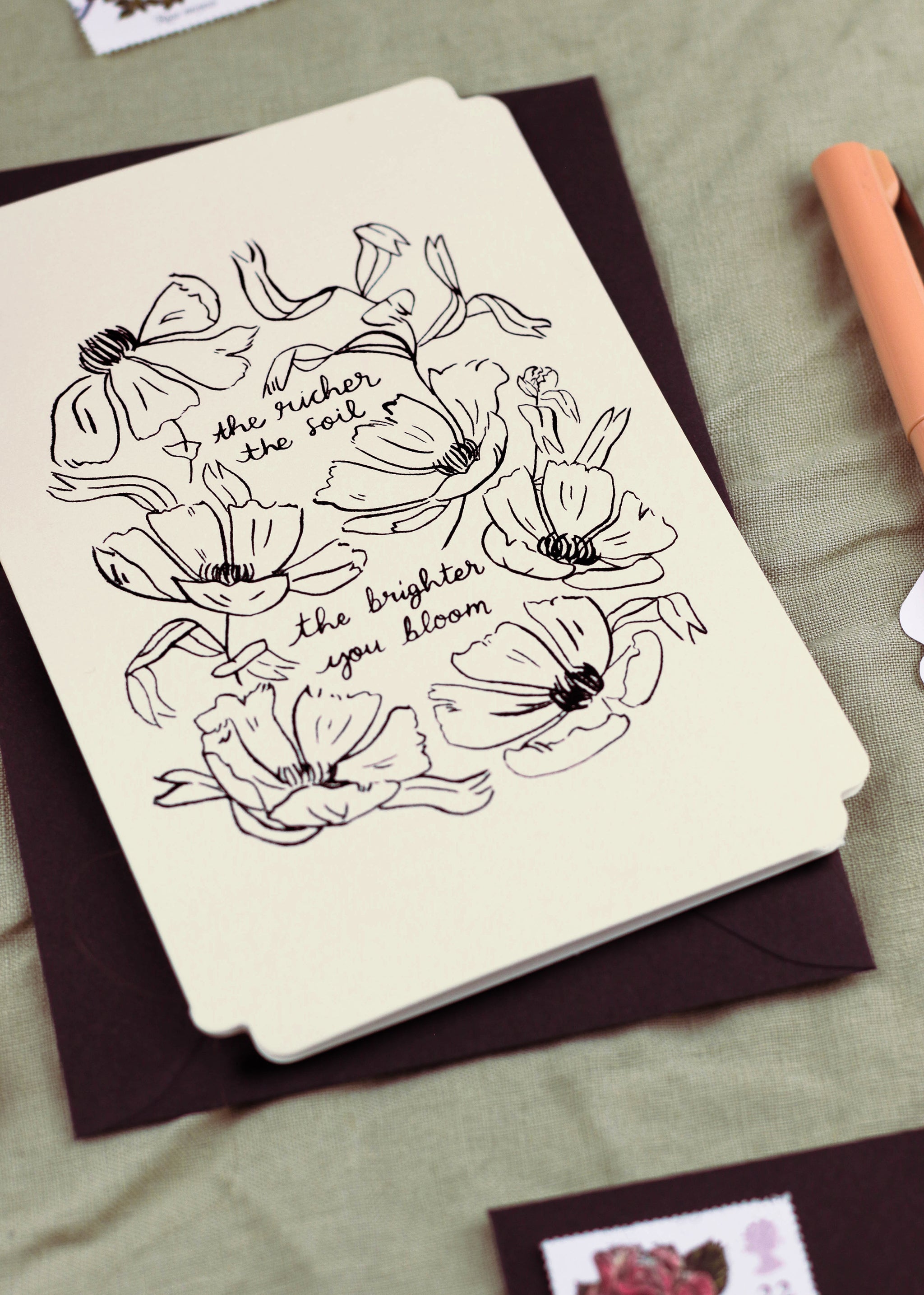 detail of the black foiling on this floral encouragement card