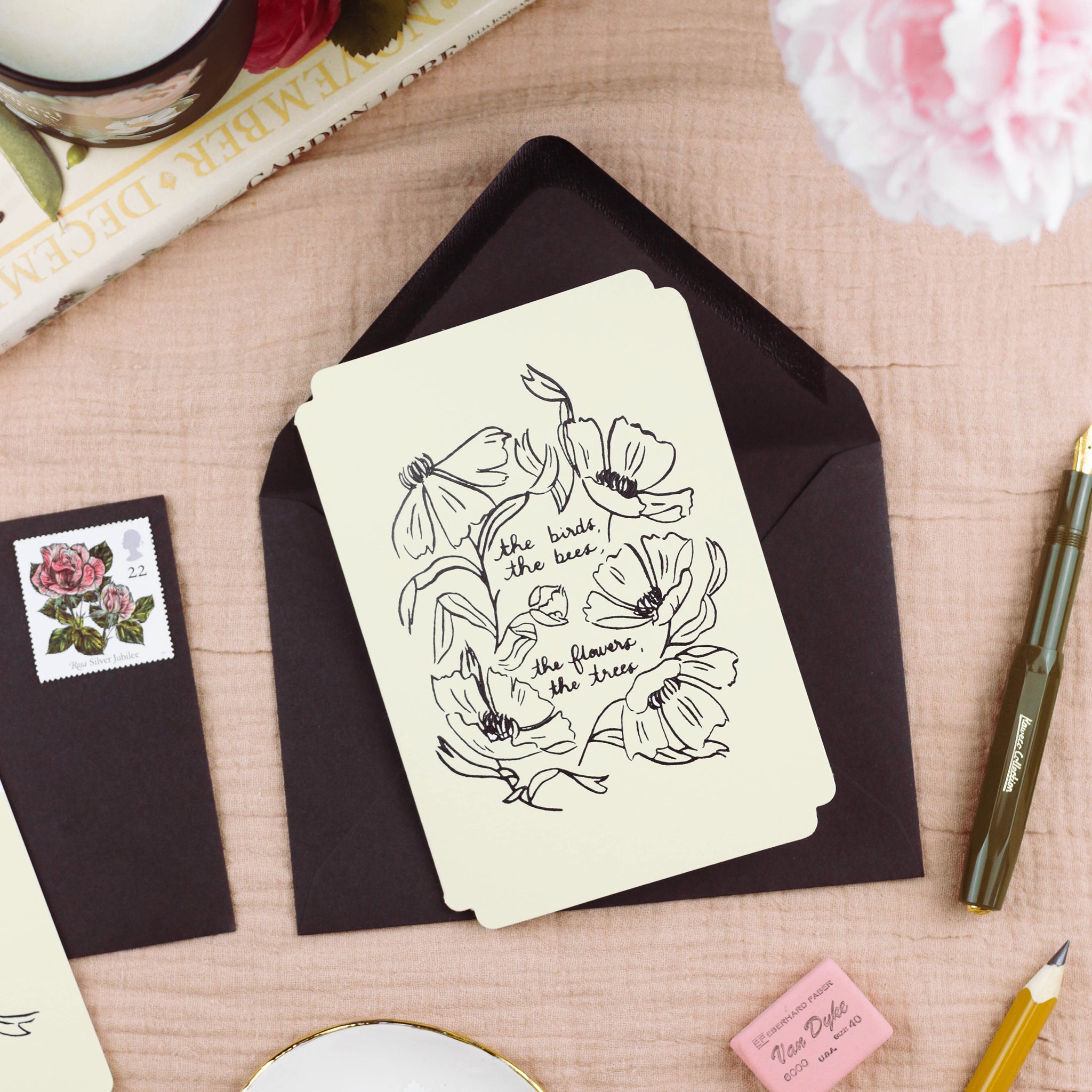 a vintage-inspired just because card in a unique, die-cut shape.