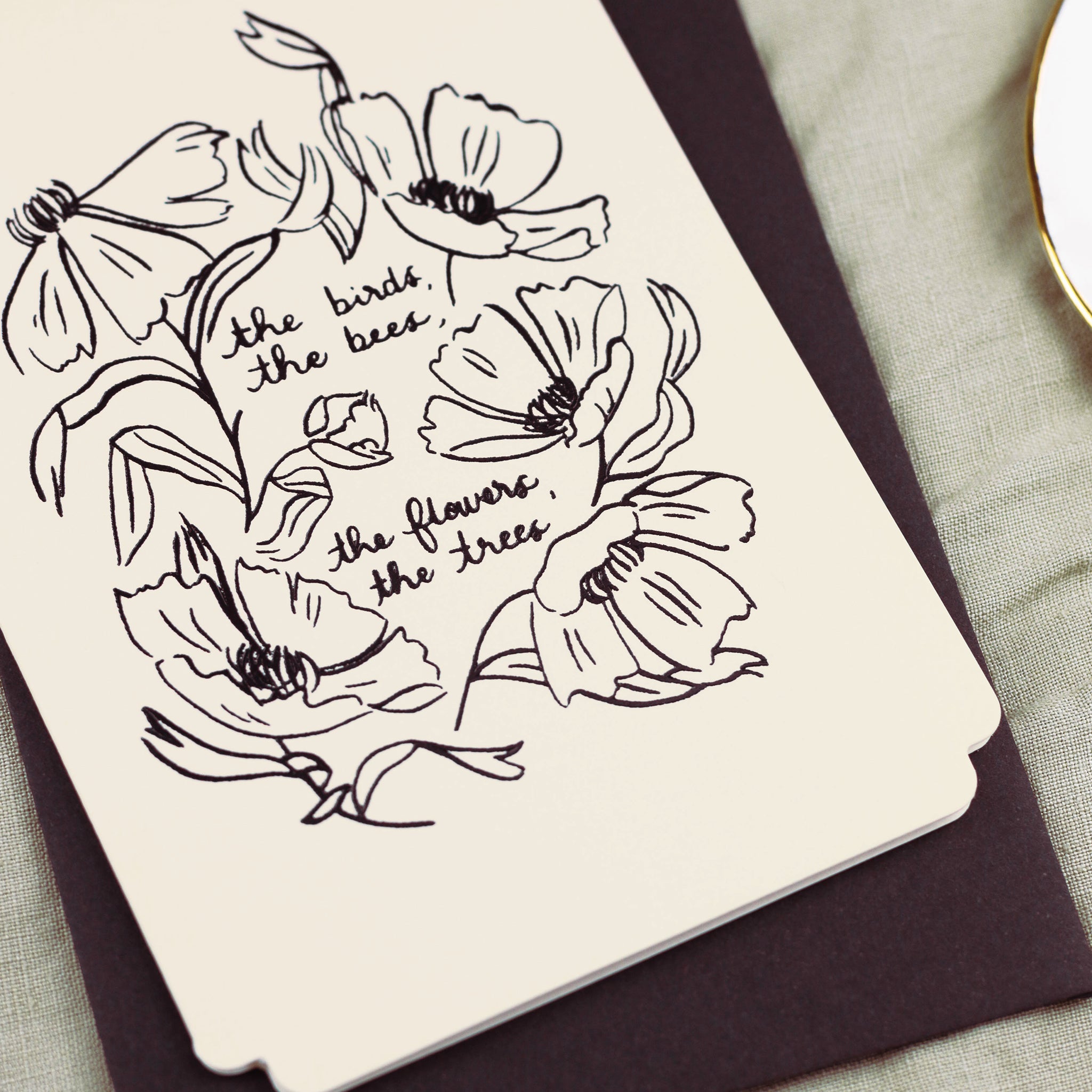 a nature lover's card reads "the birds the bees, the flowers, the trees".