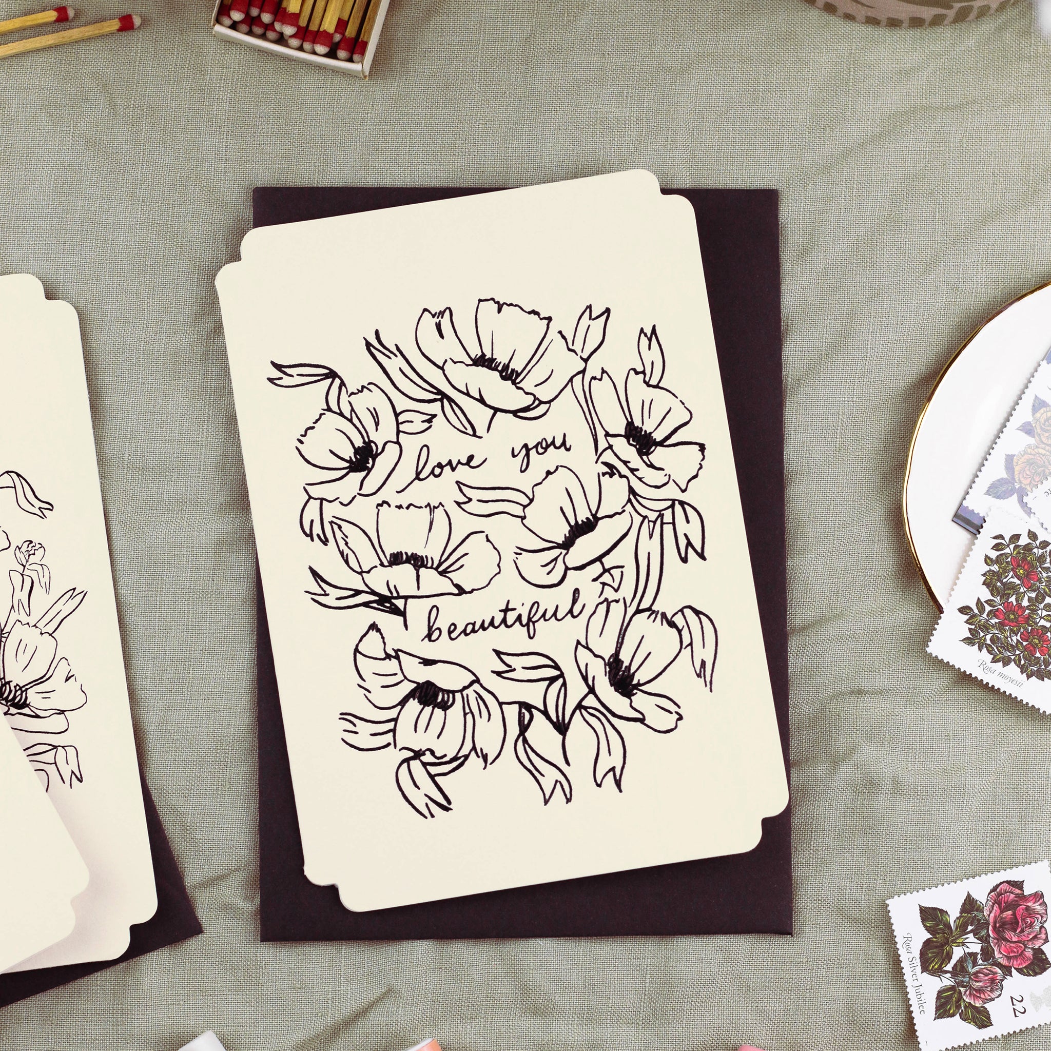 a floral, die-cut valentines / anniversary / love card with black envelope - Annie Dornan Smith