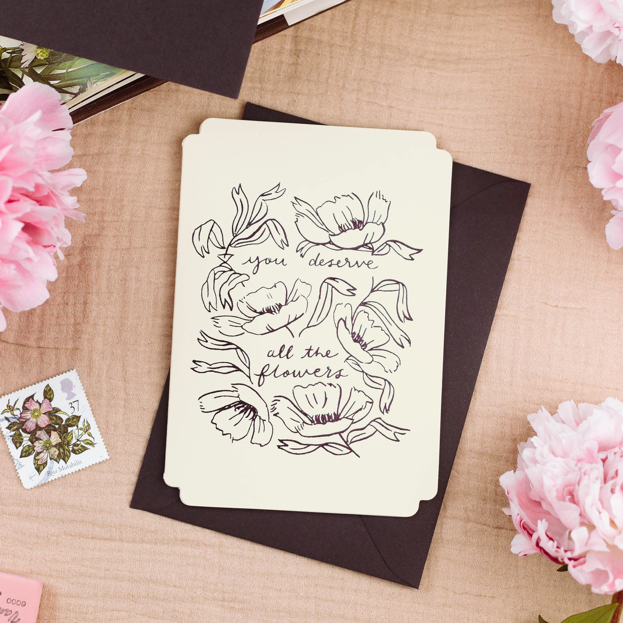 a floral thank you card in pale cream reads "you deserve all the flowers" - Annie Dornan Smith