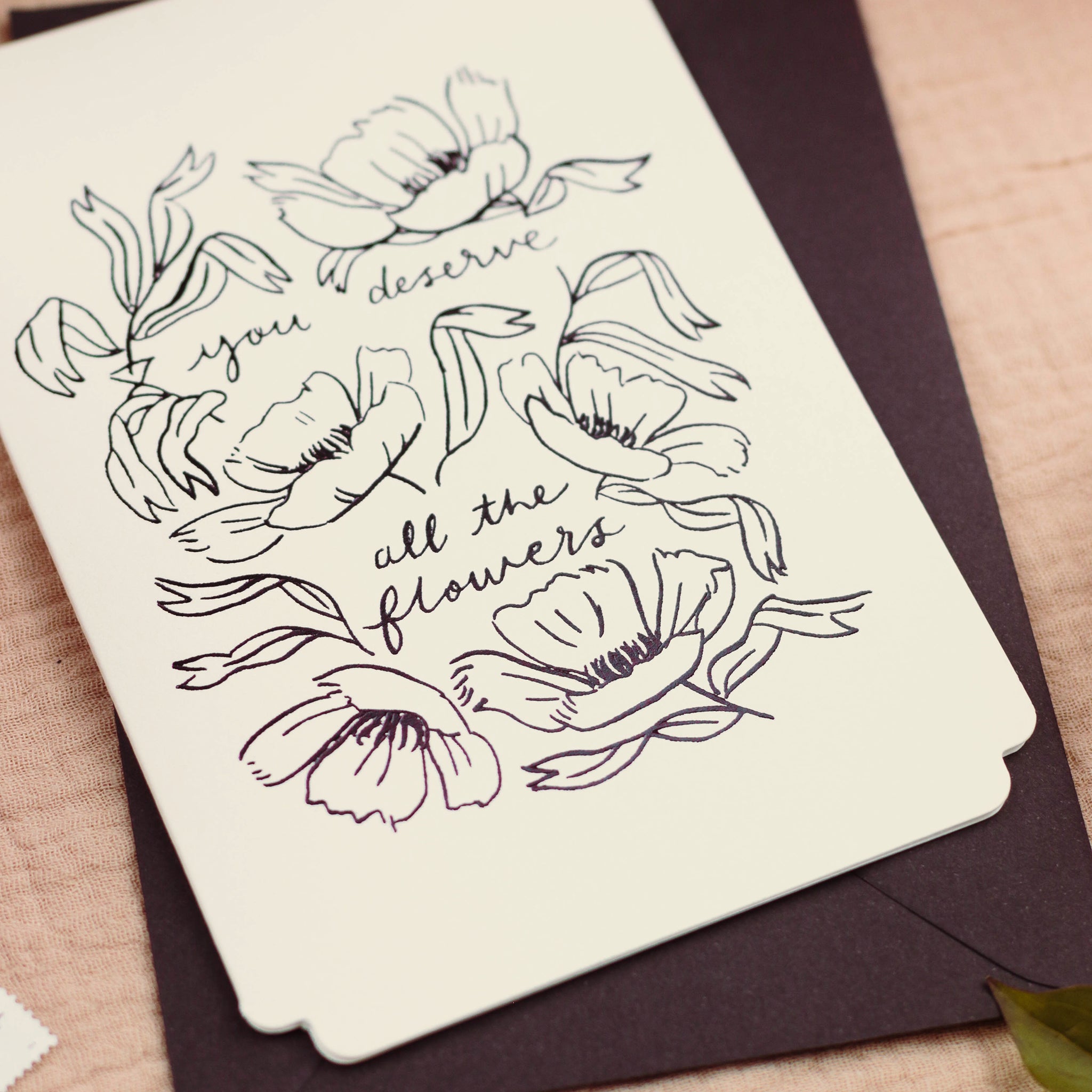 detail of black foil linework design on this floral thank you card - Annie Dornan Smith