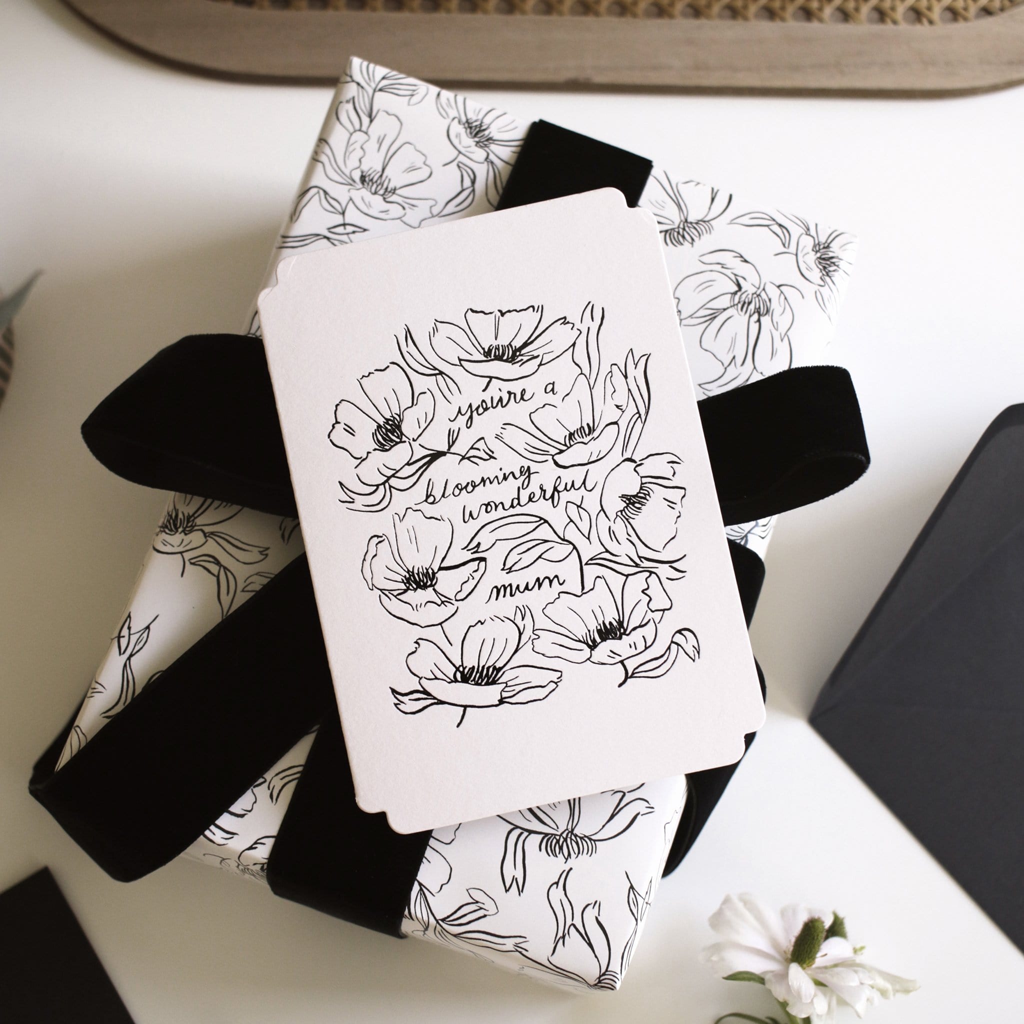 Black Floral Line Art Work A6 White Card With The Words You're Blooming Wonderful Mum Coupled With A Black Envelope - Annie Dornan Smith