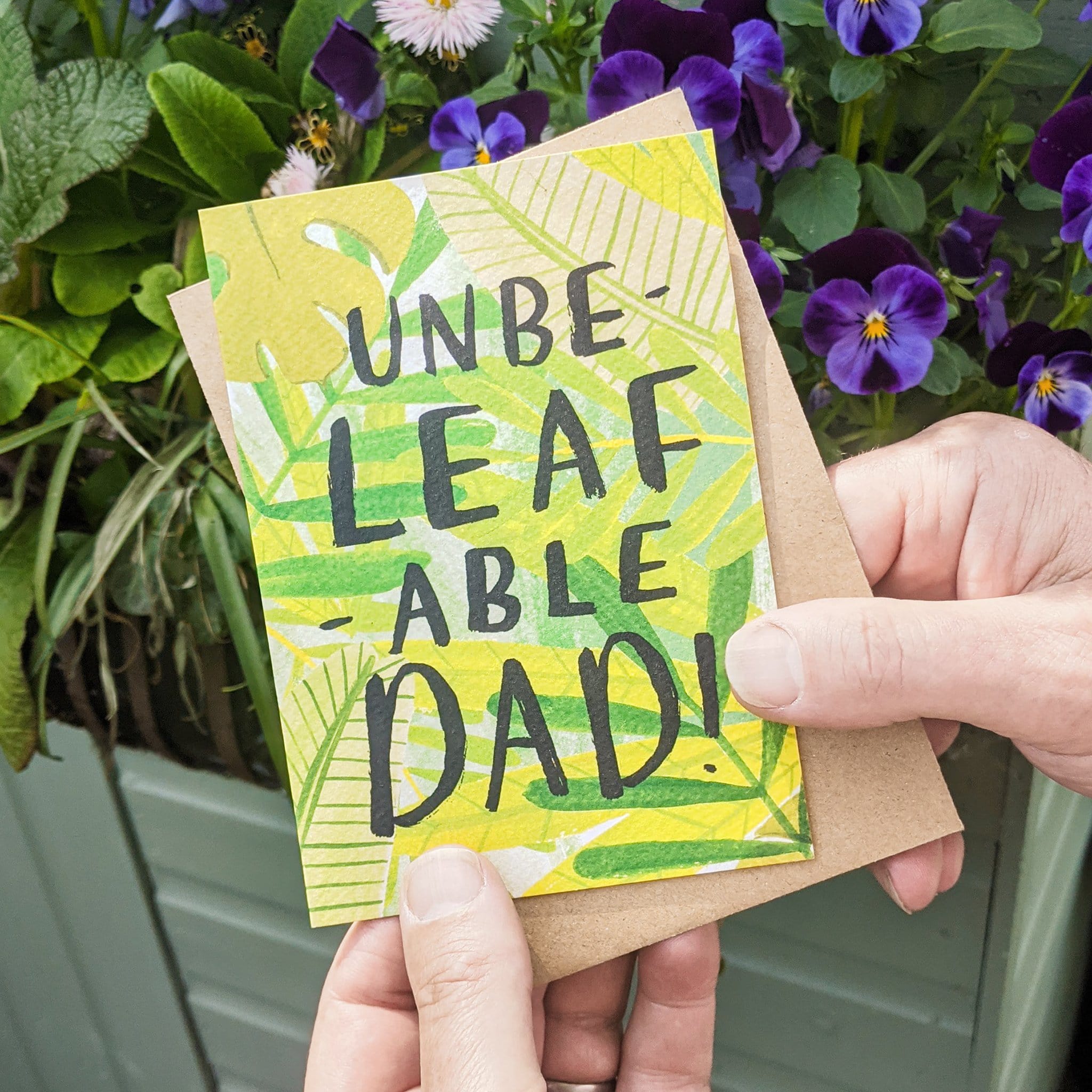 Leaf Illustration Unbelievable Dad A6 Card With Kraft Envelope In Front Of Purple Flowers - Annie Dornan Smith