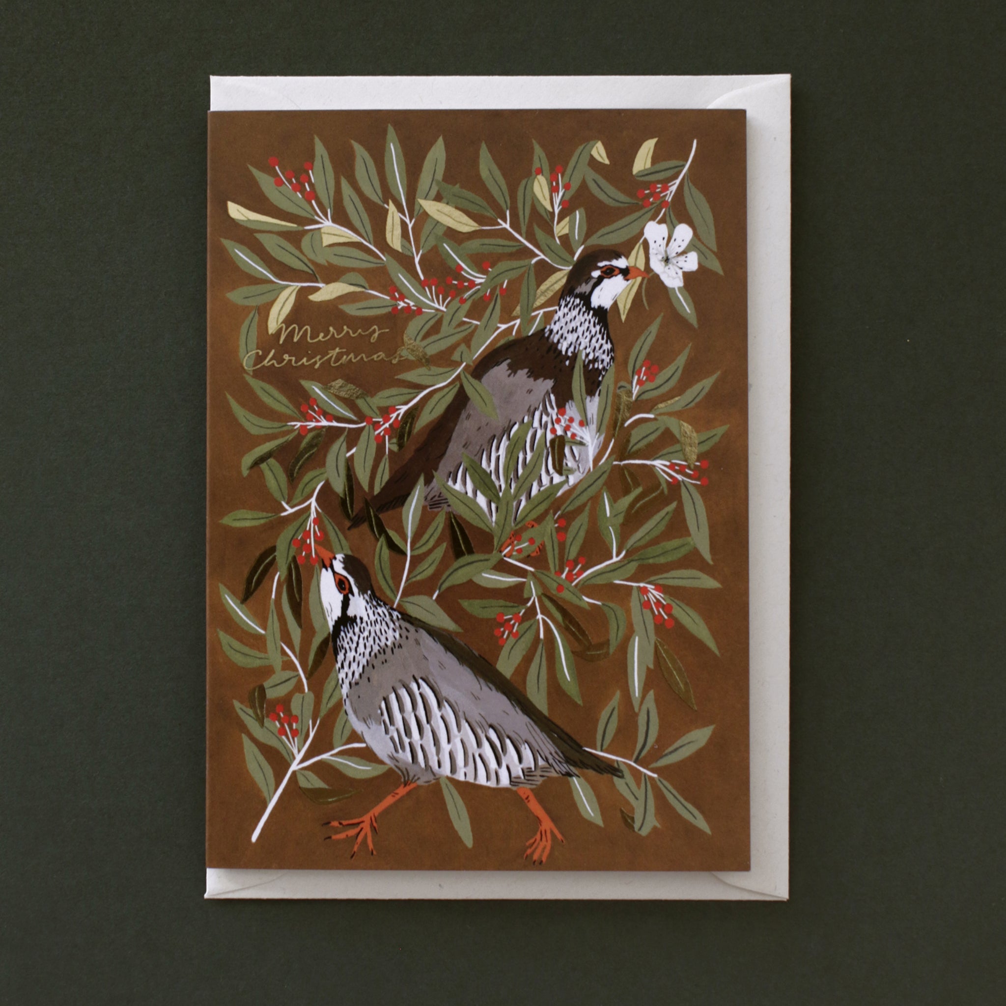 illustrated partridge merry christmas card with recycled envelope