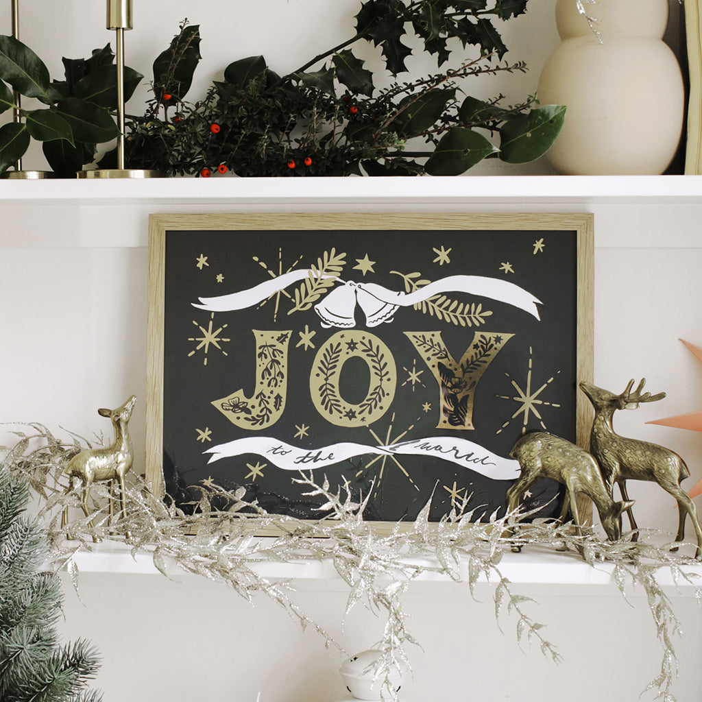 Navy Christmas Print With Gold Joy Lettering And Stars In An Oak Frame - Annie Dornan Smith