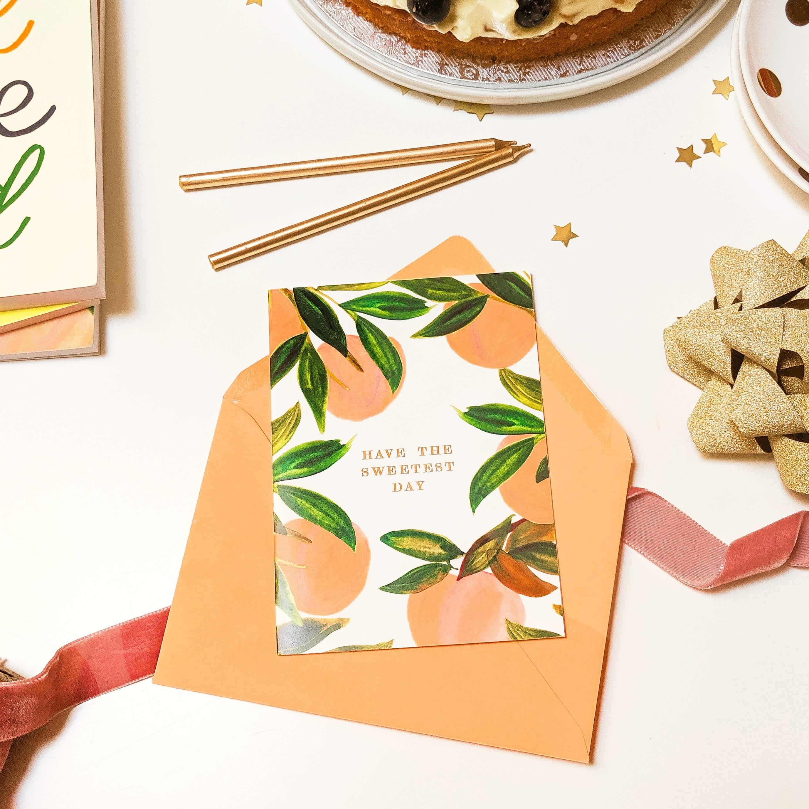 Illustrated Peach A6 Card With Have The Sweetest Day In Gold With A Peach Envelope - Annie Dornan Smith