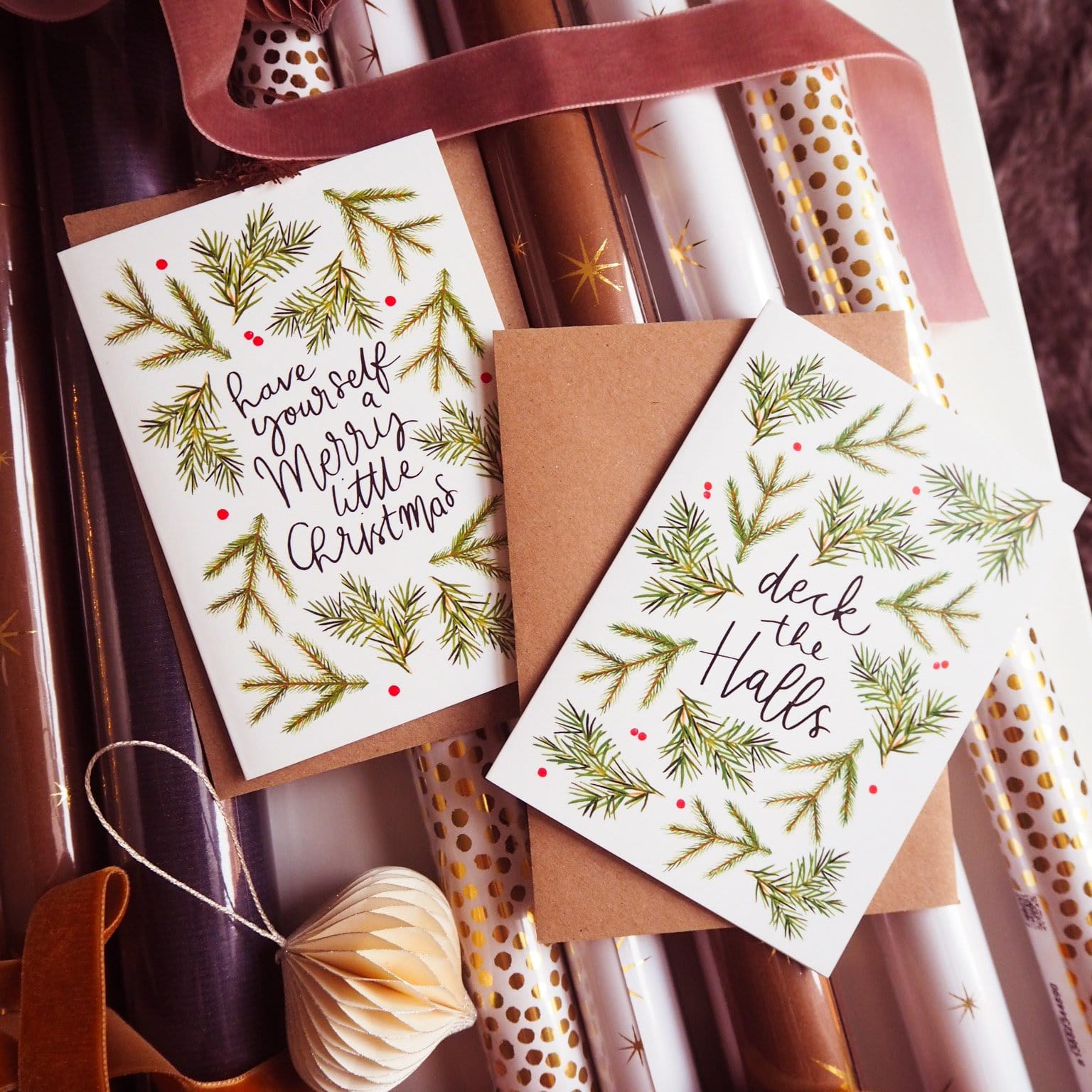 Illustrated Foliage Deck The Halls Christmas Card With Kraft Envelope - Annie Dornan Smith