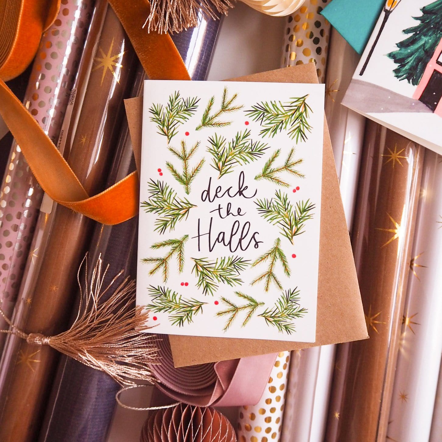 Illustrated Foliage Deck The Halls Christmas Card With Kraft Envelope - Annie Dornan Smith