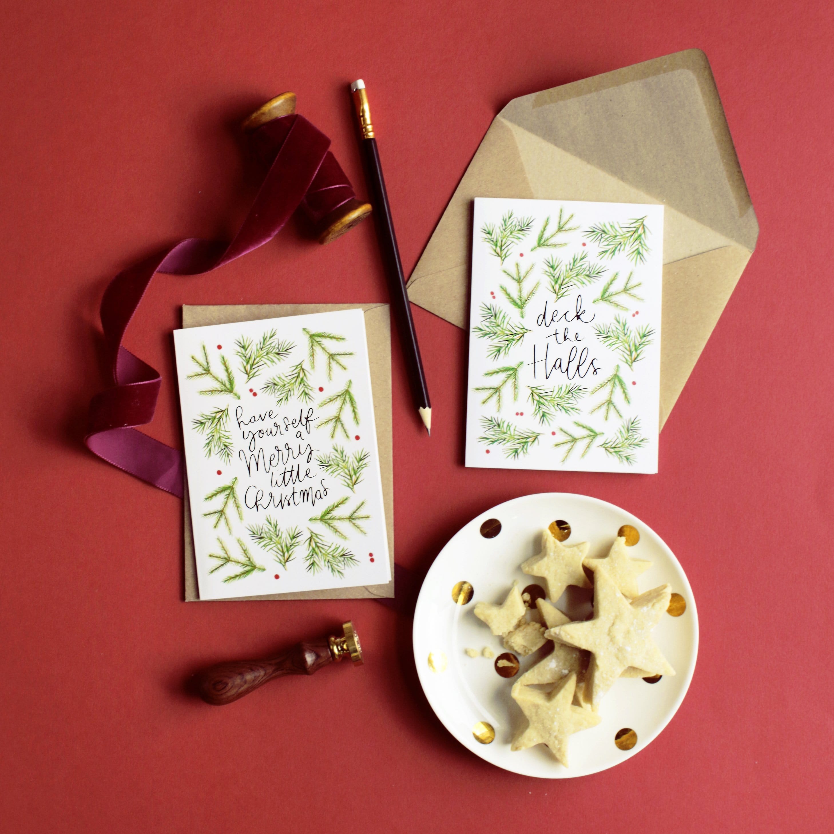 Illustrated Foliage Deck The Halls Christmas Card With Kraft Envelope - Annie Dornan Smith