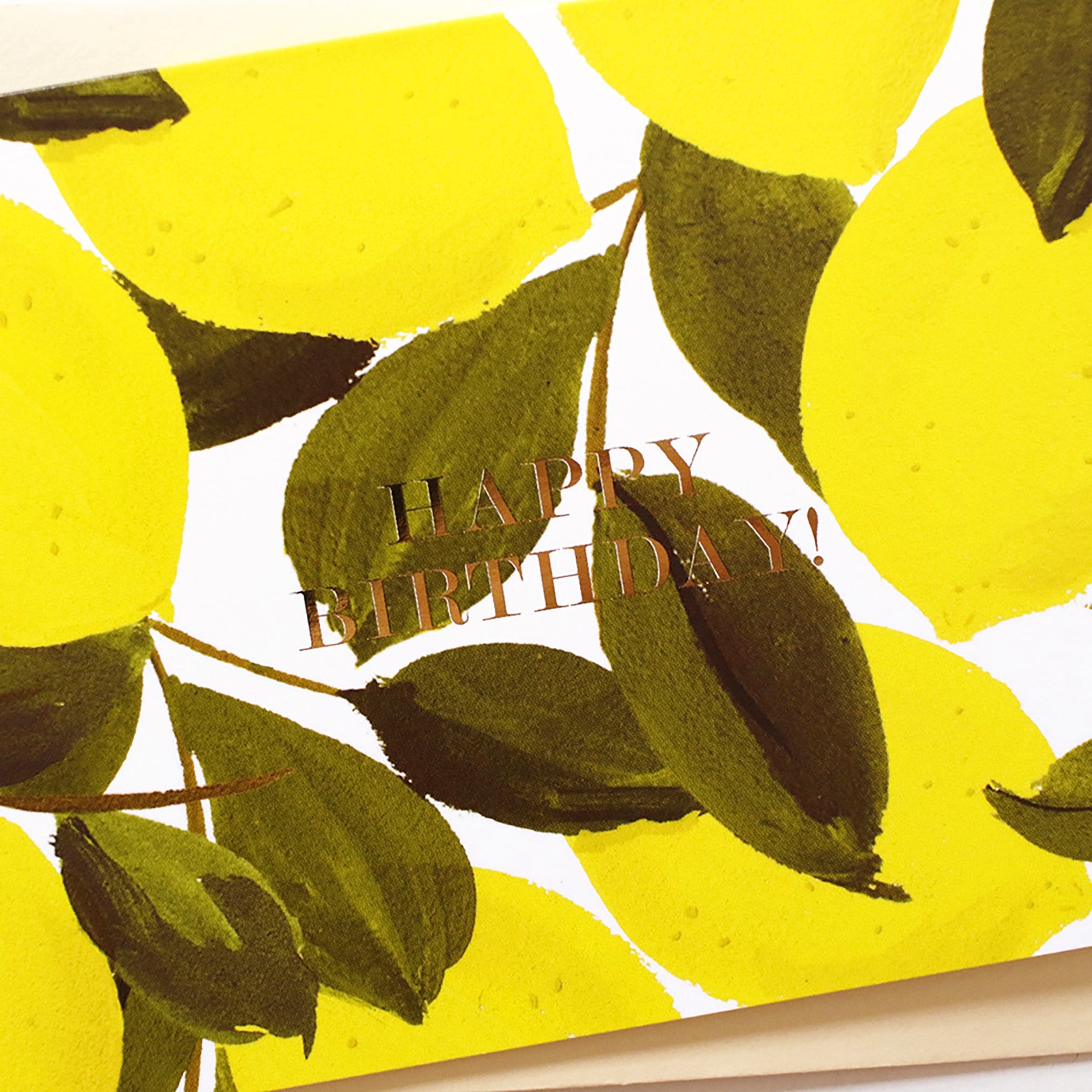 Illustrated Lemon and Green Leaf A6 Card With Happy Birthday In Gold Lettering With Pale Yellow Envelope - Annie Dornan Smith