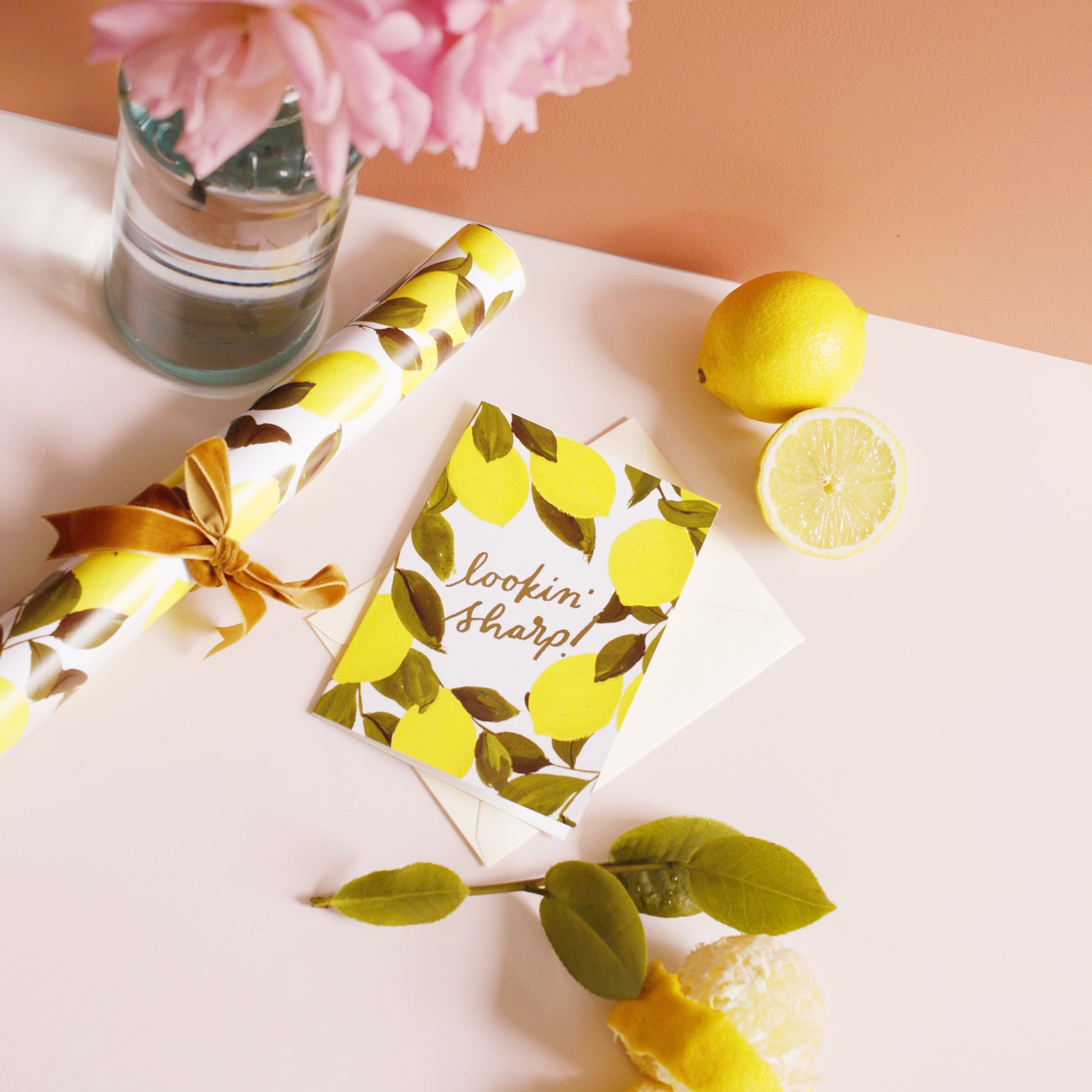 Illustrated Lemon and Green Leaf A6 Card With Looking Sharp In Gold Lettering With Pale Yellow Envelope - Annie Dornan Smith