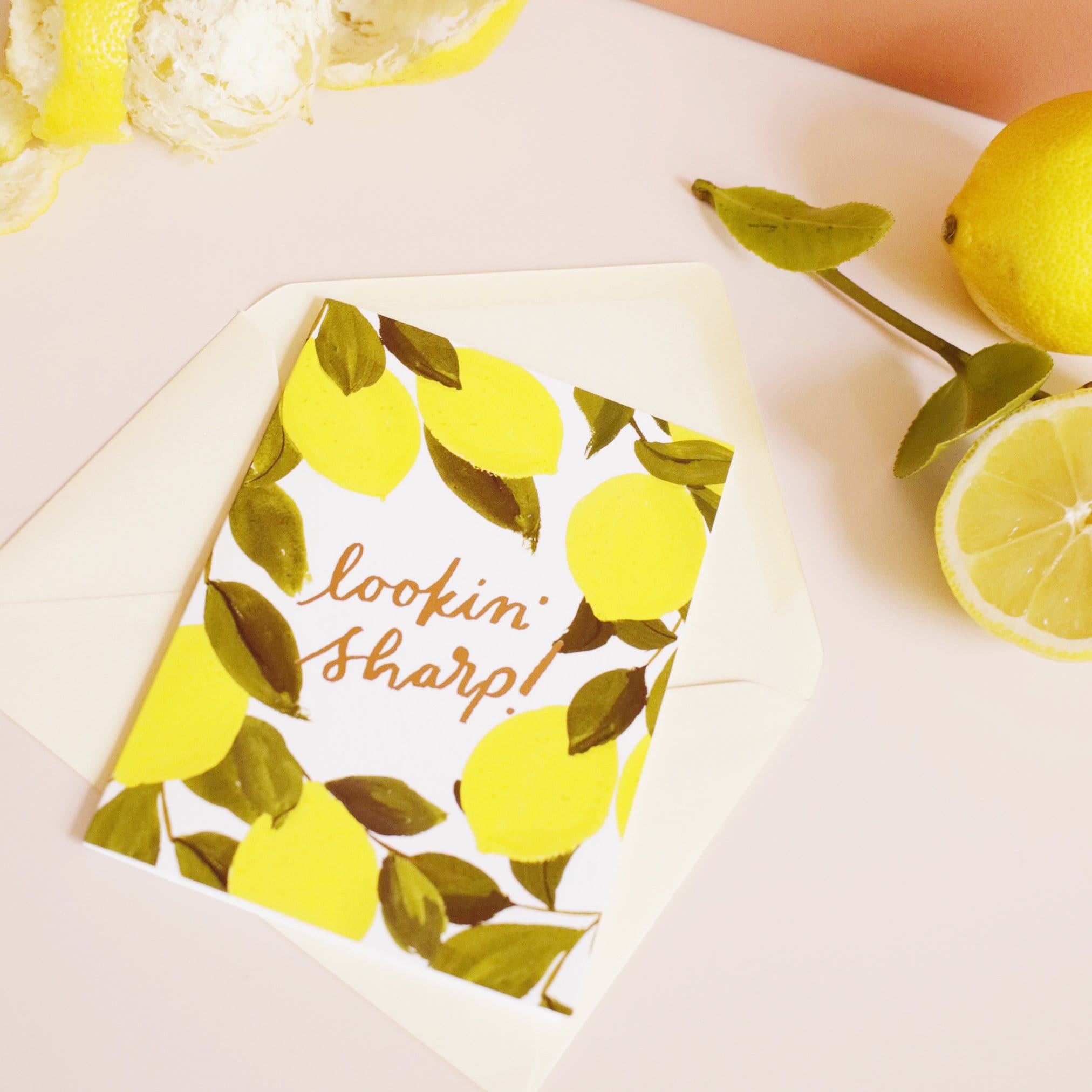 Illustrated Lemon and Green Leaf A6 Card With Looking Sharp In Gold Lettering With Pale Yellow Envelope With Real Lemons - Annie Dornan Smith