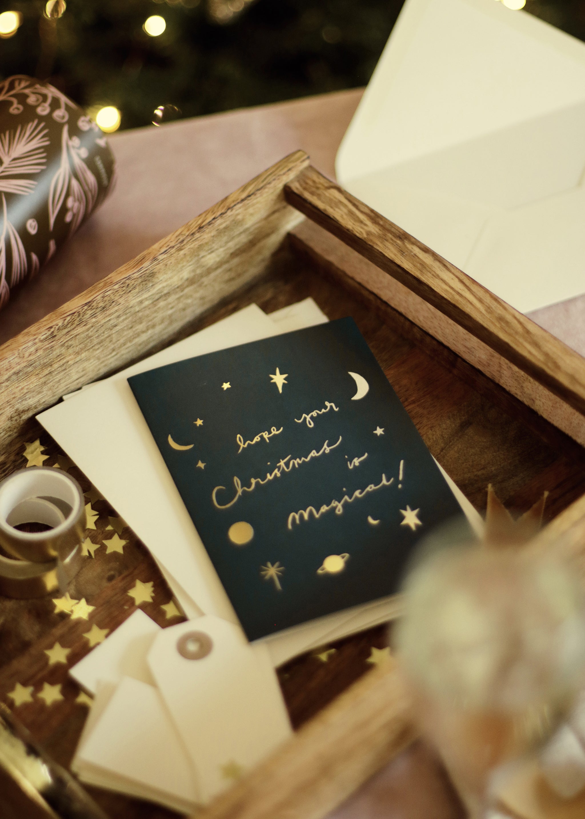 a tray of lovely gold foield greetings cards, ready to write!