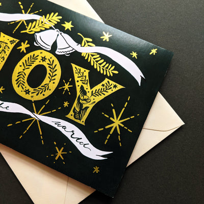 Black Christmas A6 Card With Gold Joy Lettering And Stars With Cream Envelope - Annie Dornan Smith