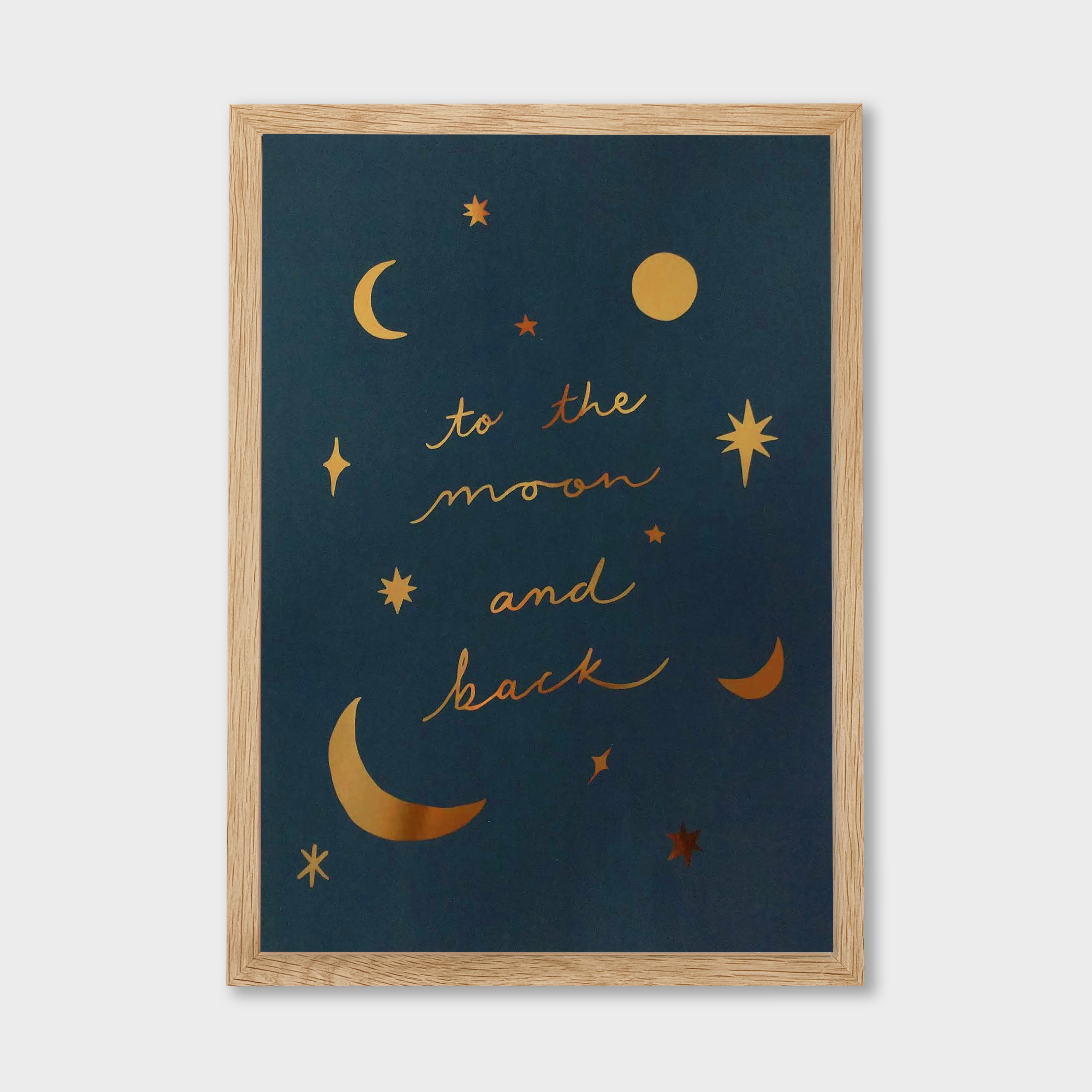 to the moon and back print in oak frame