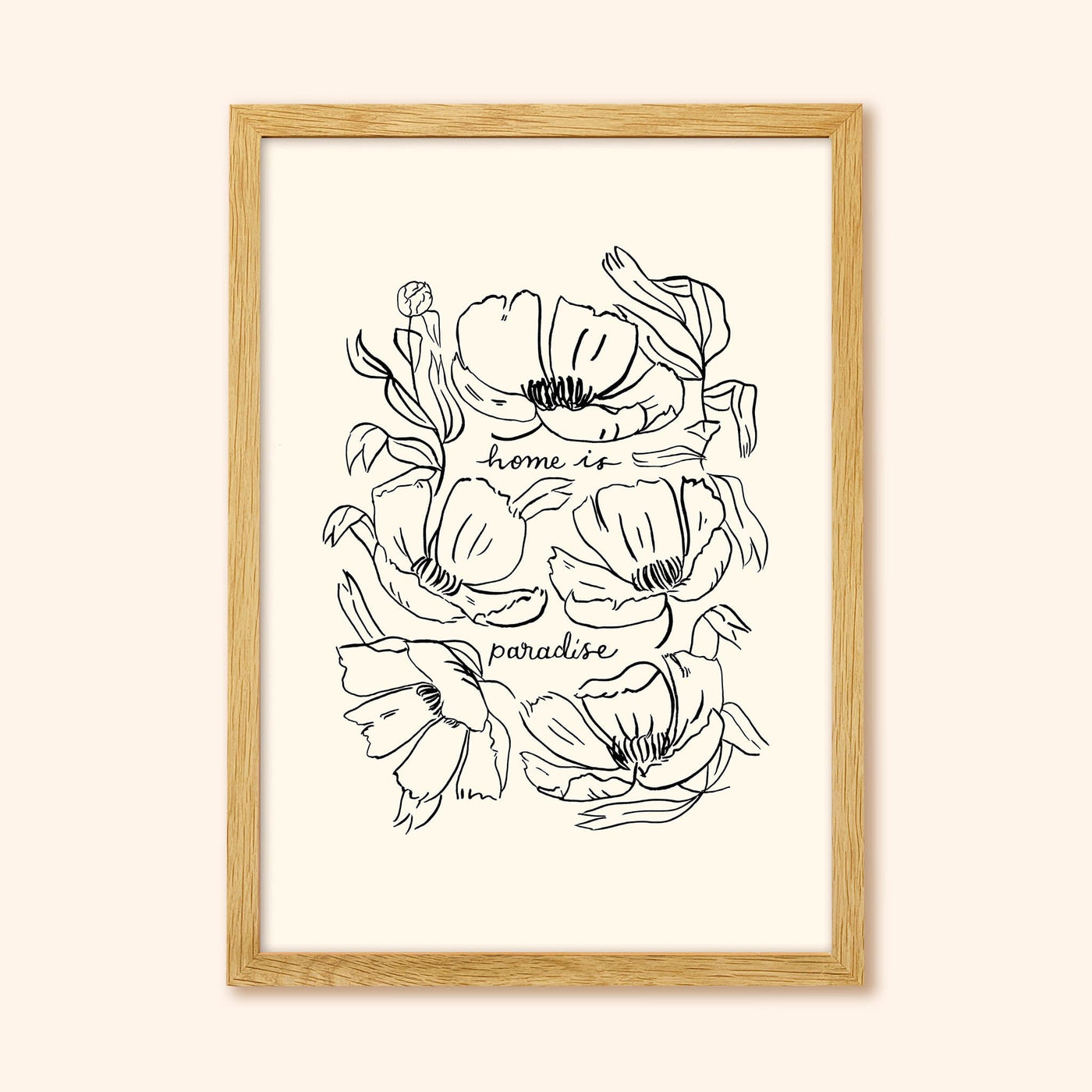Black Floral Line Art Work Print With The Words Home Is Paradise In An Oak Frame - Annie Dornan Smith