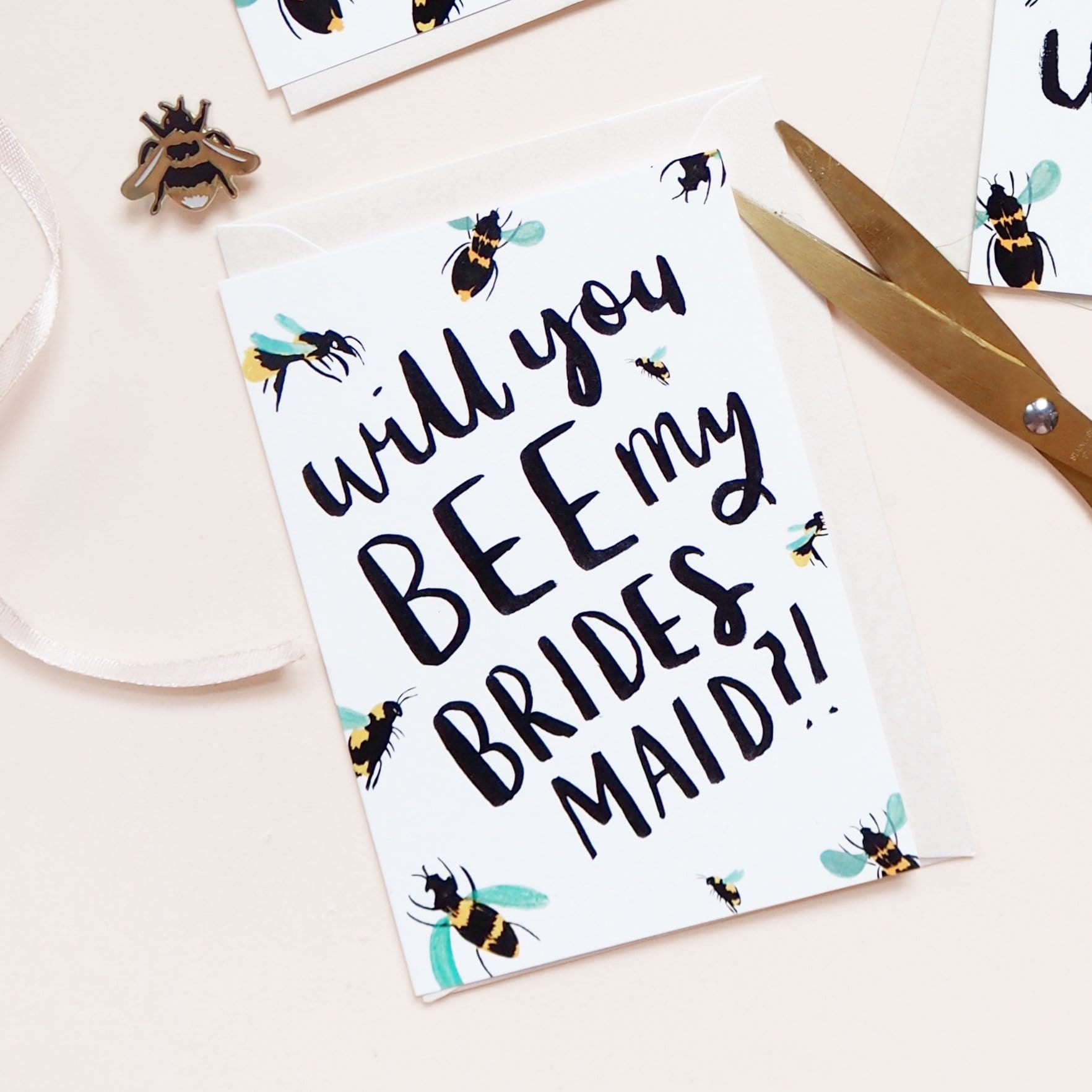 Hand Lettered Greeting Card Reading Will You Bee My Bridesmaid With Illustrated Bees - Annie Dornan Smith