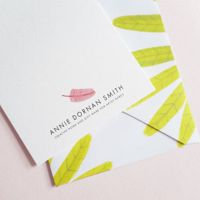 Back Of greeting Card With Pink Leaf And Website Address - Annie Dornan Smith