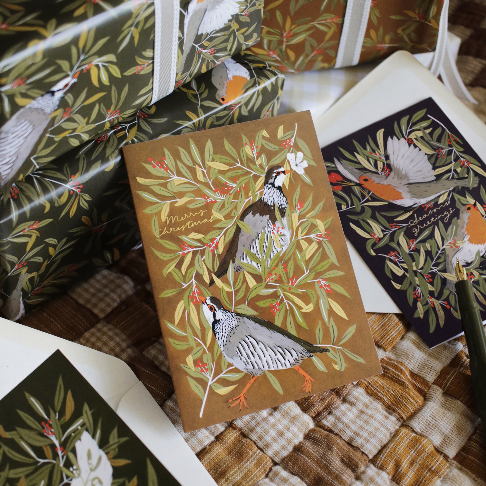 illustrated partridge merry christmas card with recycled envelope